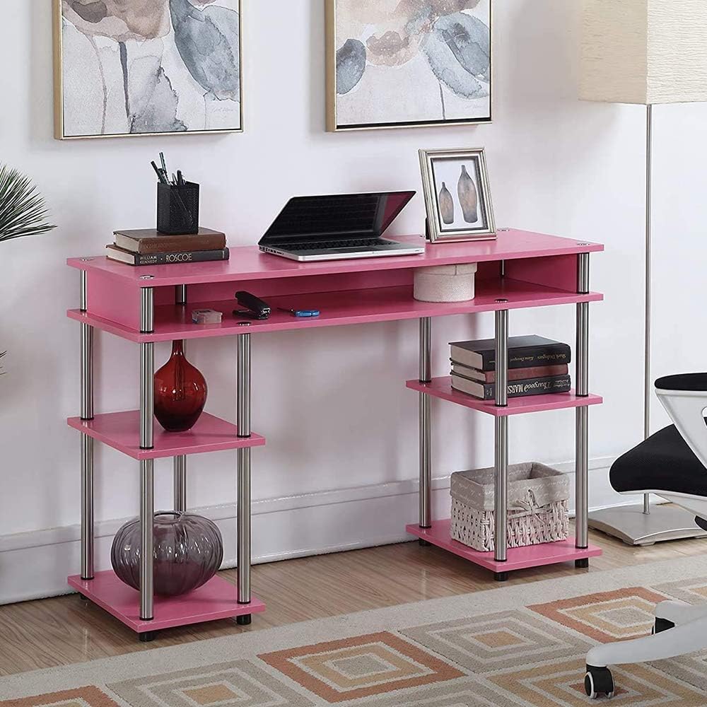 Convenience Concepts Designs2Go No Tools Student Desk 47.25" - Contemporary Office, Dorm Room Desk and Vanity with Storage Shelves, Pink