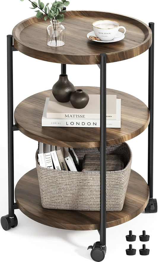 Side Table, 3-Tier Modern End Table with Wheels, Small Round Nightstand Bedside Table for Living Room, Bedroom, or Small Spaces-Walnut