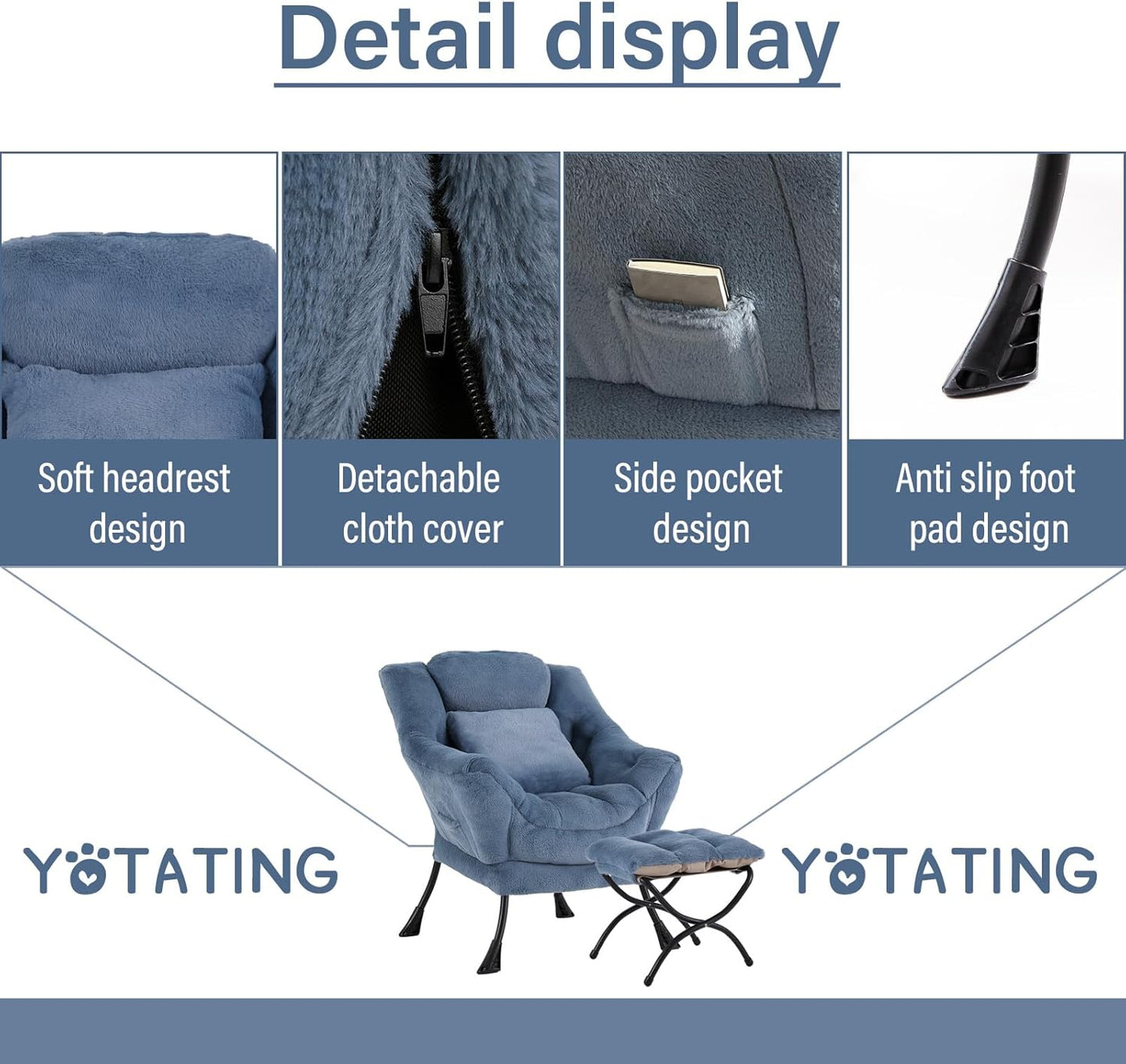 Lazy Chair with Ottoman, Comfy Reading Lounge Chair with Footstool & Throw Pillow Modern with Armrests & Side Pocket for Living Room, Bedroom, Dorm Room, Plush Light Blue