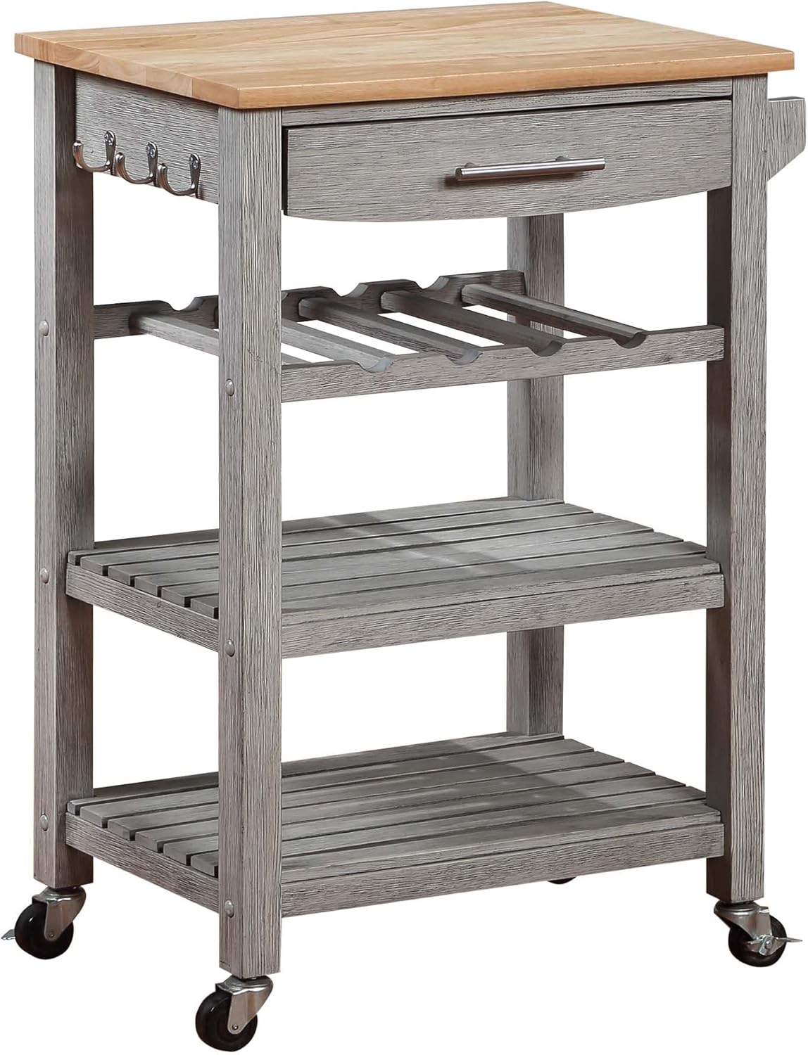 Convenience Concepts Ellaine 4 Tier Kitchen Cart with Drawer and Wine Rack, 24.75 x 16.5 x 34.5, Wirebrush Light/Butcher Block