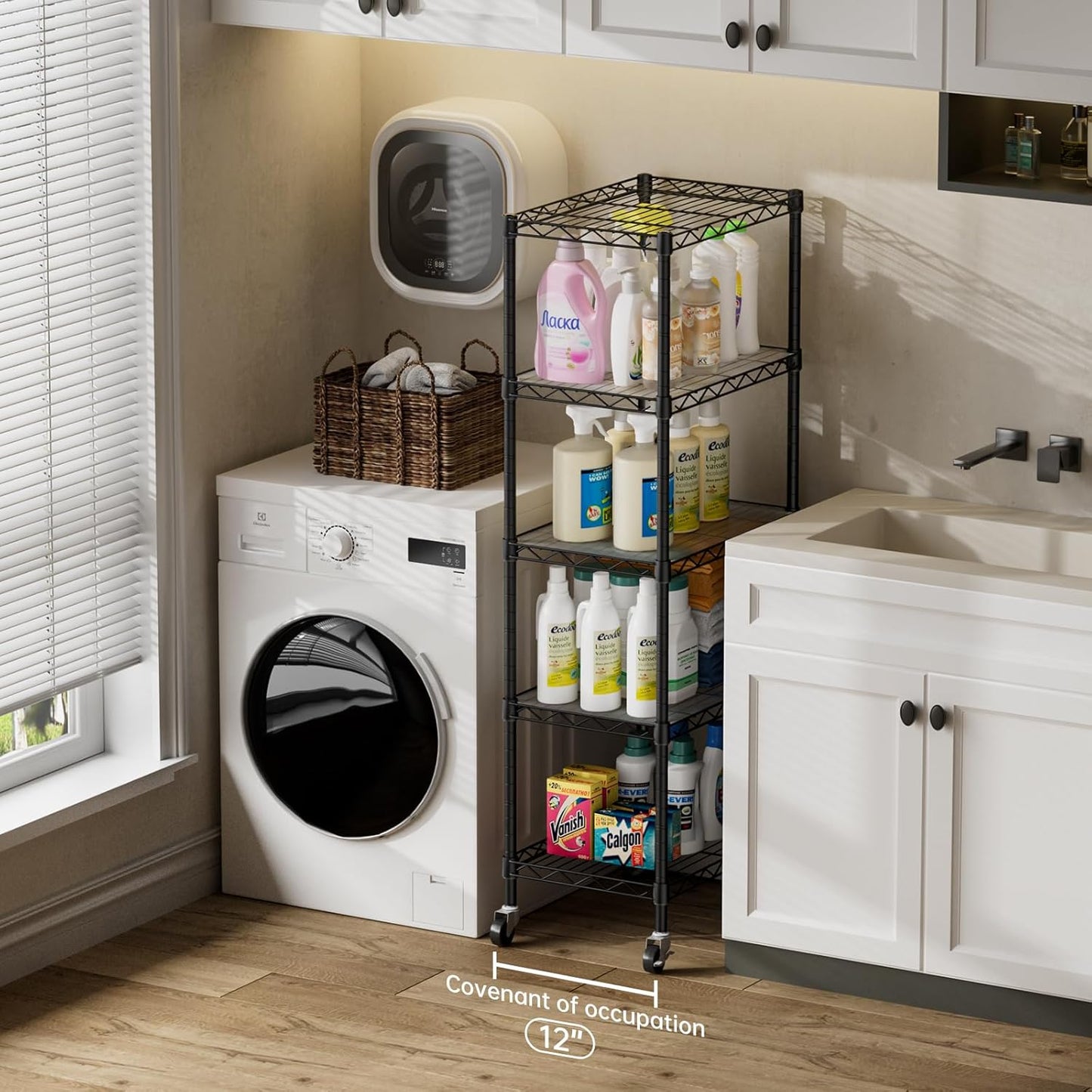 SINGAYE 5 Shelves Storage Shelf Wire Closet Bathroom Organizers Metal Pantry Kitchen Small Garage Shelving Unit Laundry Room Organization Home Narrow Rack Net Basket with Wheels Black