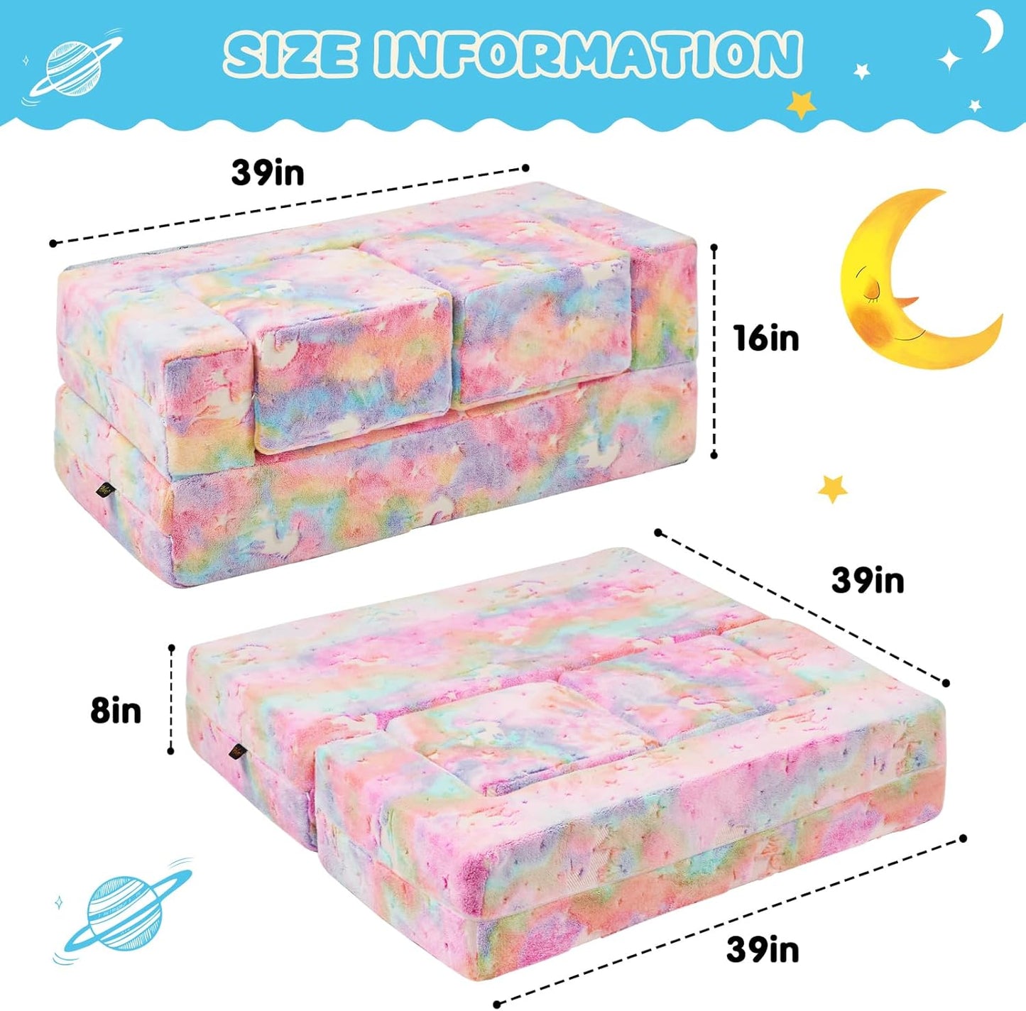 Modular Kids Couch, Glow in The Dark Sofa 3 in 1 Fold Out Kids Sofa with Washable and Durable Covers for Boys, Rainbow Unicorn