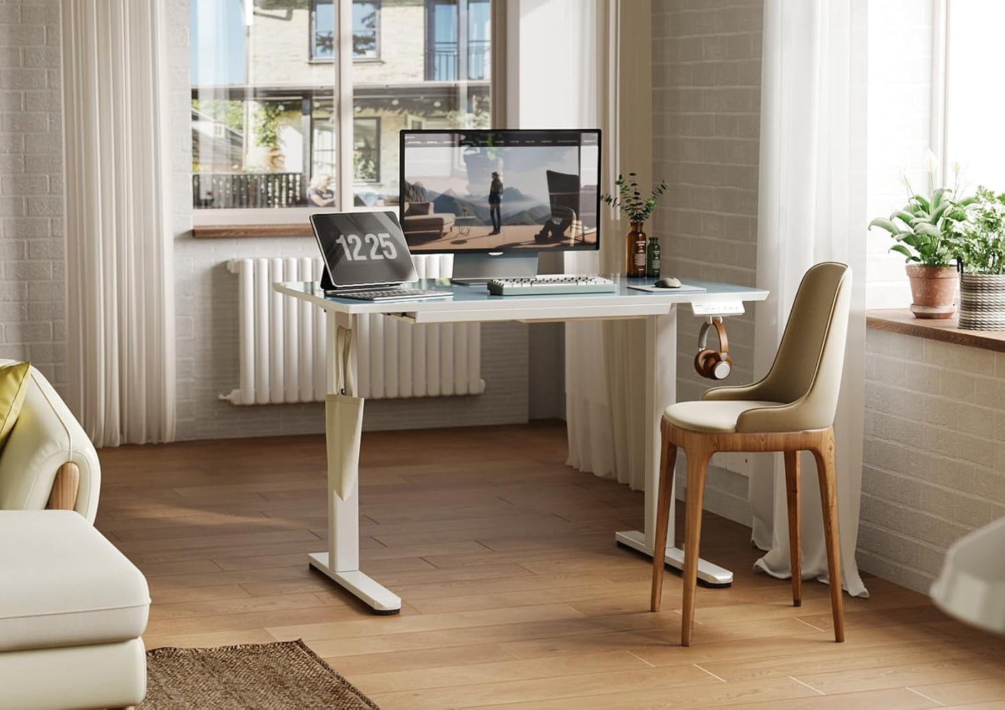 INNOVAR Glass Standing Desk with Drawers, Adjustable Height Electric Stand Up Desk, Small Standing Desks with Storage, 40 inch, Morandi Blue