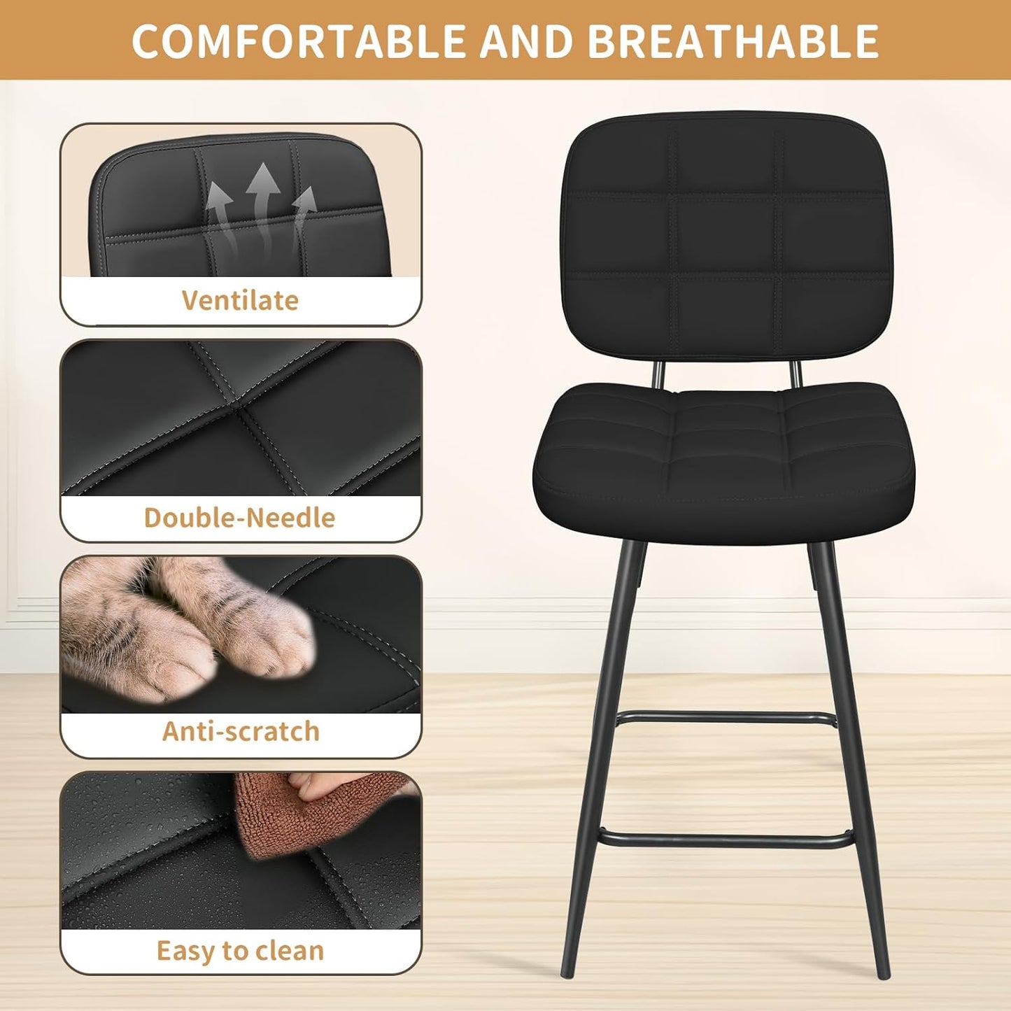 Bar Stools Set of 2, 24 Inch Upholstered Metal Barstool with Back and Footrest, Bar Chair with Metal Base for Dining Room Counter Island, Black