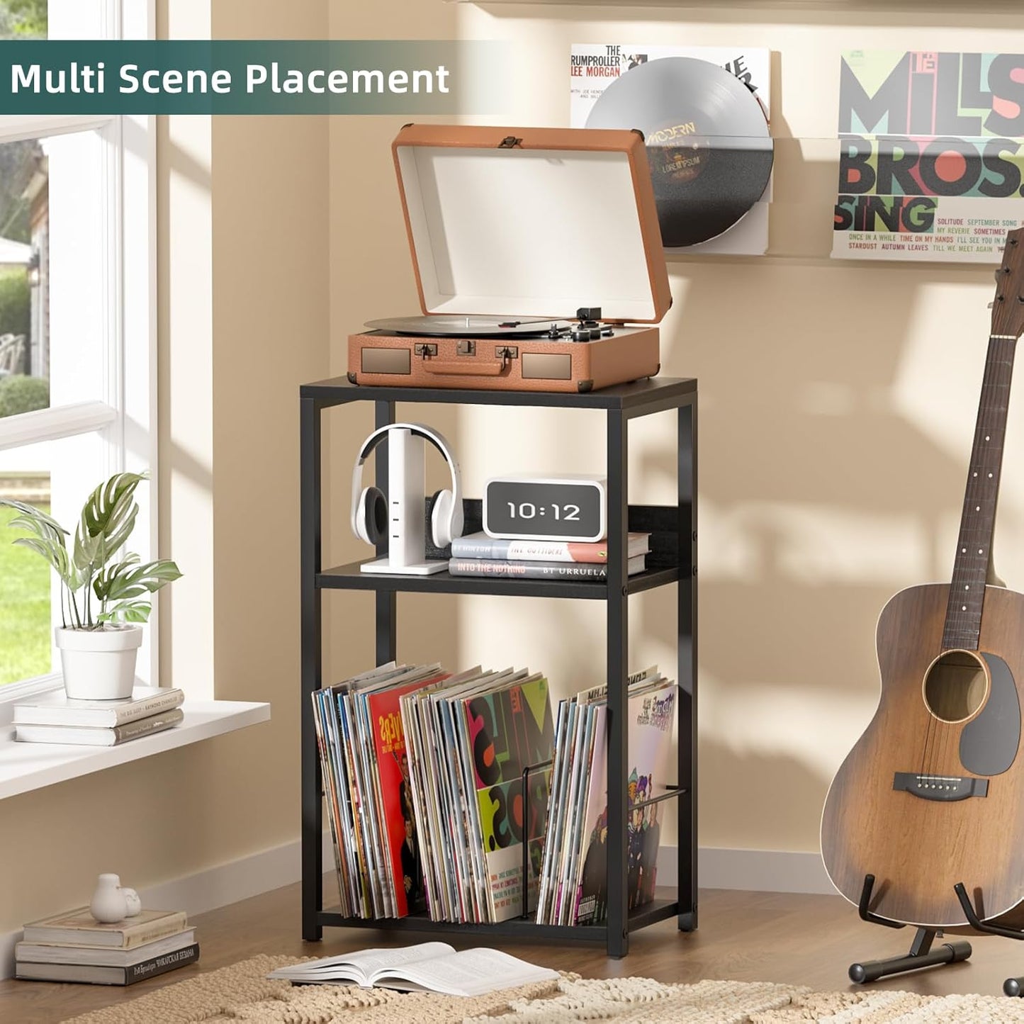 LELELINKY Record Player Stand Set of 2, 3-Tier End Side Table with Vinyl Record Storage, Vinyl Record Holder Up to 120 Albums, Turntable Stand with Vinyls Storage for Music Living Room