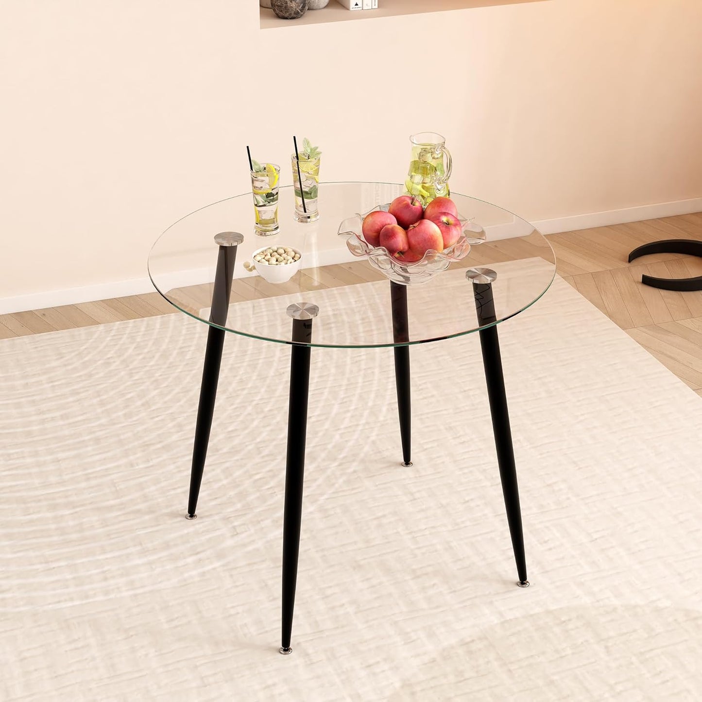 Tempered Glass Dining Table 32 Inch Round Kitchen Table with Black Metal Legs Modern Dinner Table for Dining Room Kitchen Small Space