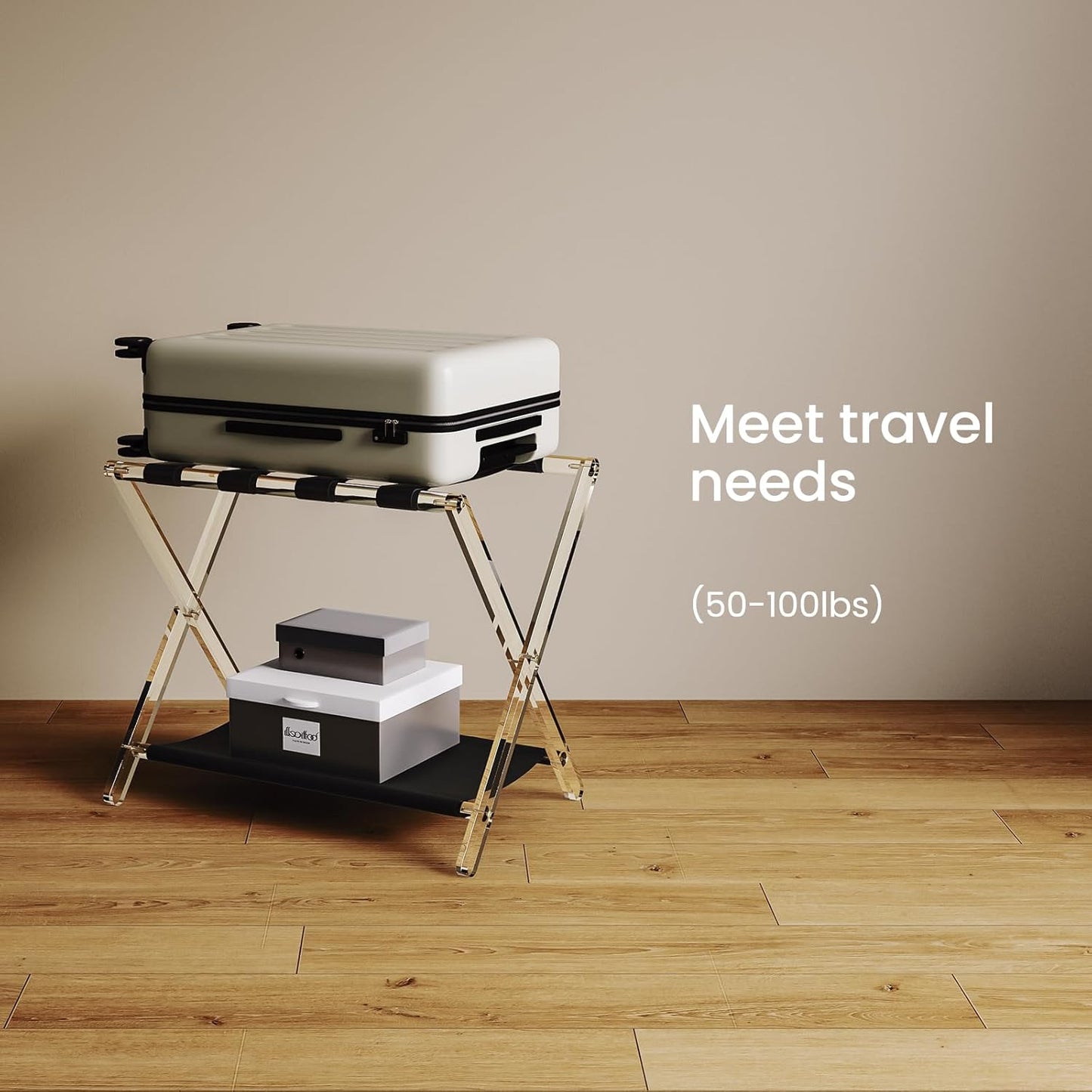 Sumerflos Acrylic Luggage Rack for Guest Room - Foldable Suitcase Stand with Leather Straps for Bedroom Living Room Hotel Heavy-Duty, Holds up to 50-100 lb lightweight Space Saving (Black & Shelf - 1 Pcs)