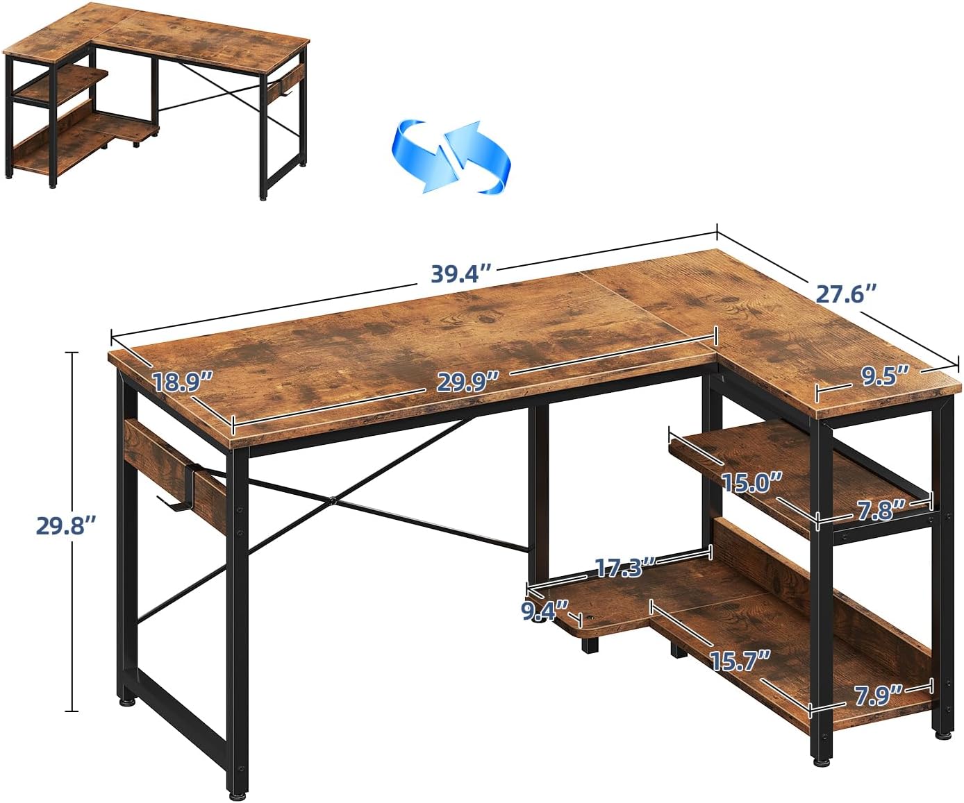 Casaottima L Shaped Computer Desk, 40 Inch Small Corner Desk with Storage Shelves & PC Stand, Reversible Gaming Desk for Bedroom, Modern Writing Study Table for Home Office, Vintage