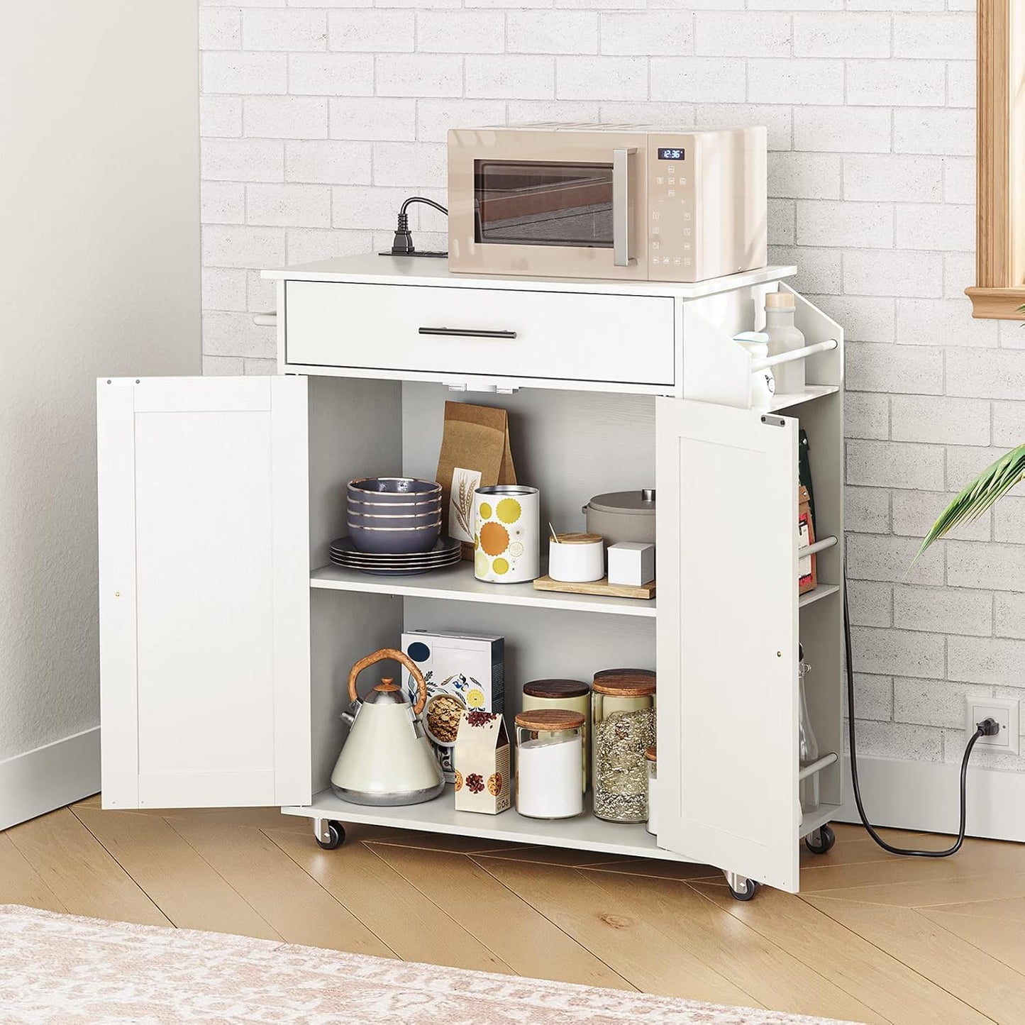 HOOBRO Kitchen Island with Power Outlet, Kitchen Storage Island with Spice Rack and Drawer, Rolling Kitchen Cart on Wheels, for Home, Kitchen and Dining Room, White WT82UZD01G1