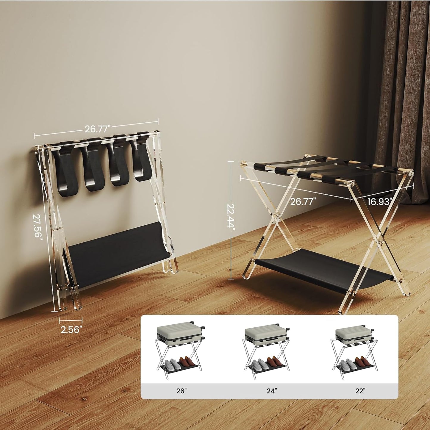 Sumerflos Acrylic Luggage Rack for Guest Room - Foldable Suitcase Stand with Leather Straps for Bedroom Living Room Hotel Heavy-Duty, Holds up to 50-100 lb lightweight Space Saving (Black & Shelf - 1 Pcs)