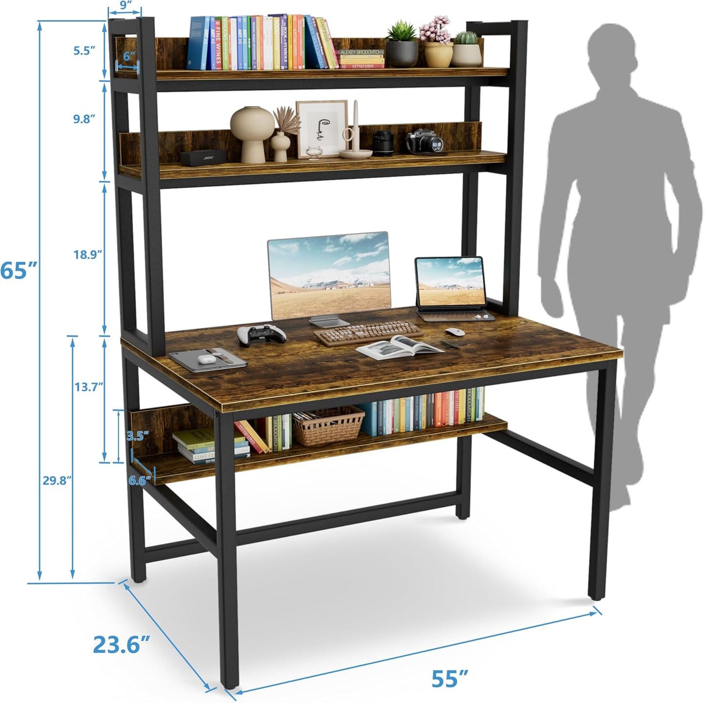 Aquzee Computer Desk with Hutch Bookshelves, 55 Inch Home Office Writing Desk with Space Saving Design, Gaming Table Organized Desk with Storage Shelves Bookshelf Easy Assemble, Rustic Brown