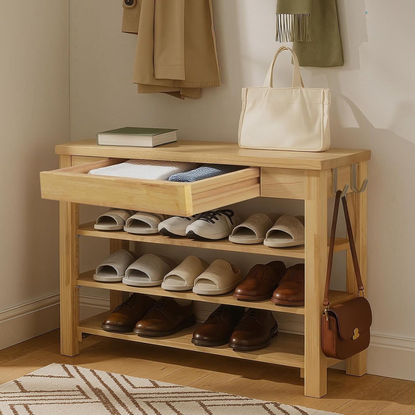 Wood Shoe Bench Entryway with Drawer: 3-Tiers Wooden Storage Shoe Rack with Bench Seat, Compact Mid-Century Modern Design for Entryway, Hallway, Closet, Front Door Entrance, Foyer