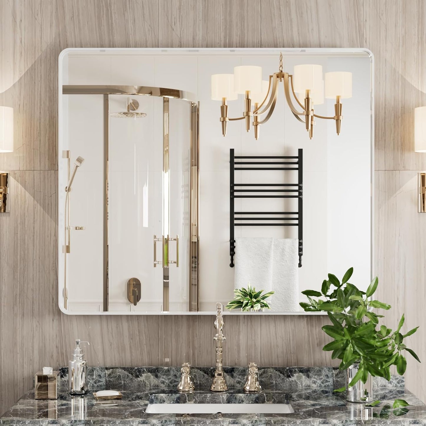 White Bathroom Mirror 30x36 Inch, White Metal Framed Bathroom Mirror for Wall, Rounded Rectangle Matte Bathroom Vanity Mirror, Tempered Glass, Anti-Rust, Horizontal/Vertical