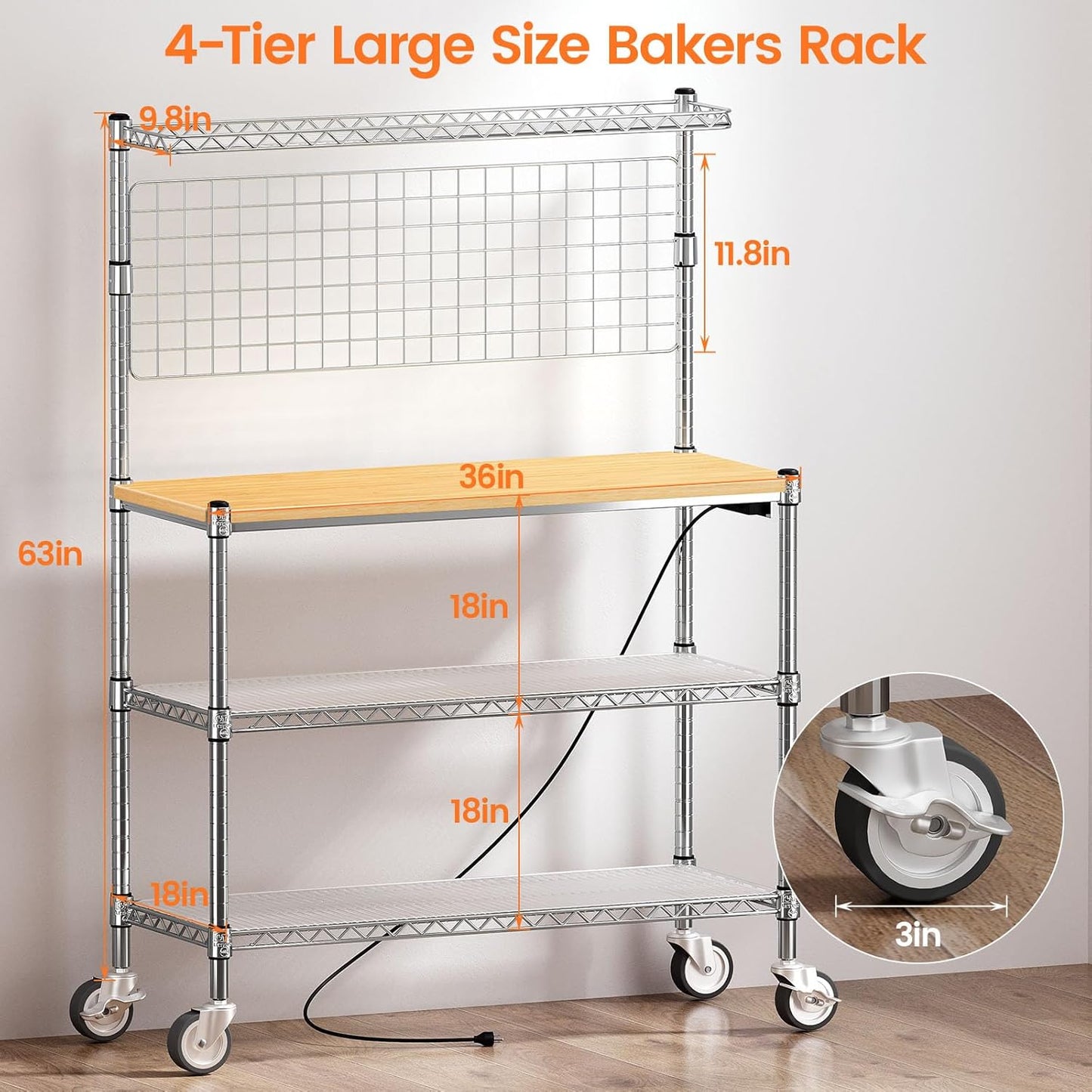 Leteuke Bakers Rack with Power Outlet & Storage, 36 Inch Microwave Stand Kitchen Cart, 4-Tier Metal Kitchen Shelves Cart with Wheels & 20 S-Hooks for Kitchen, NSF Certified, 63 x 18 x 36 Inch-Chrome