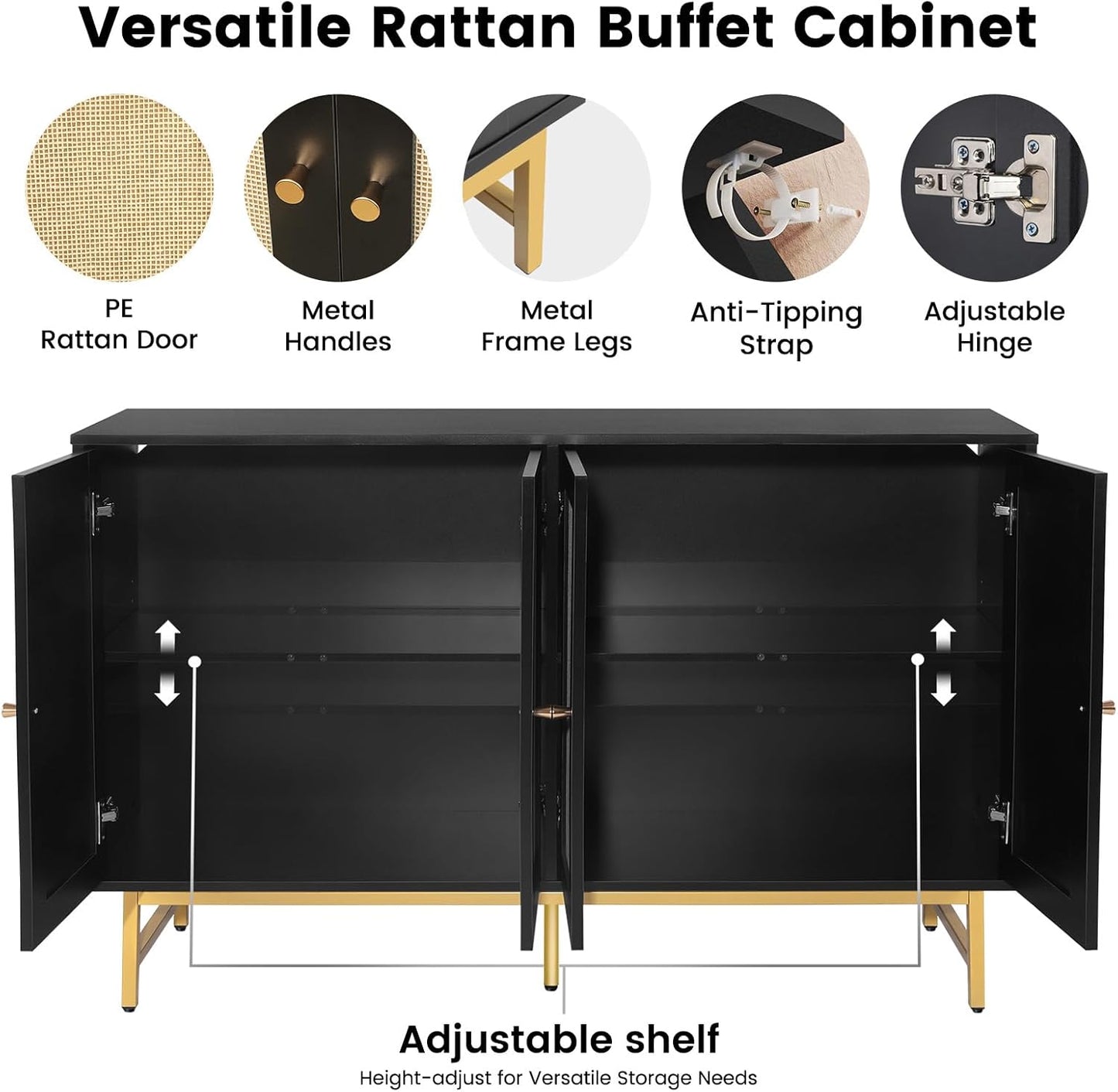 Sideboard Buffets Cabinet with 4 Rattan Doors, Large Storage Accent Cabinet Credenzas Modern Console Table for Living Room, Kitchen (Black)