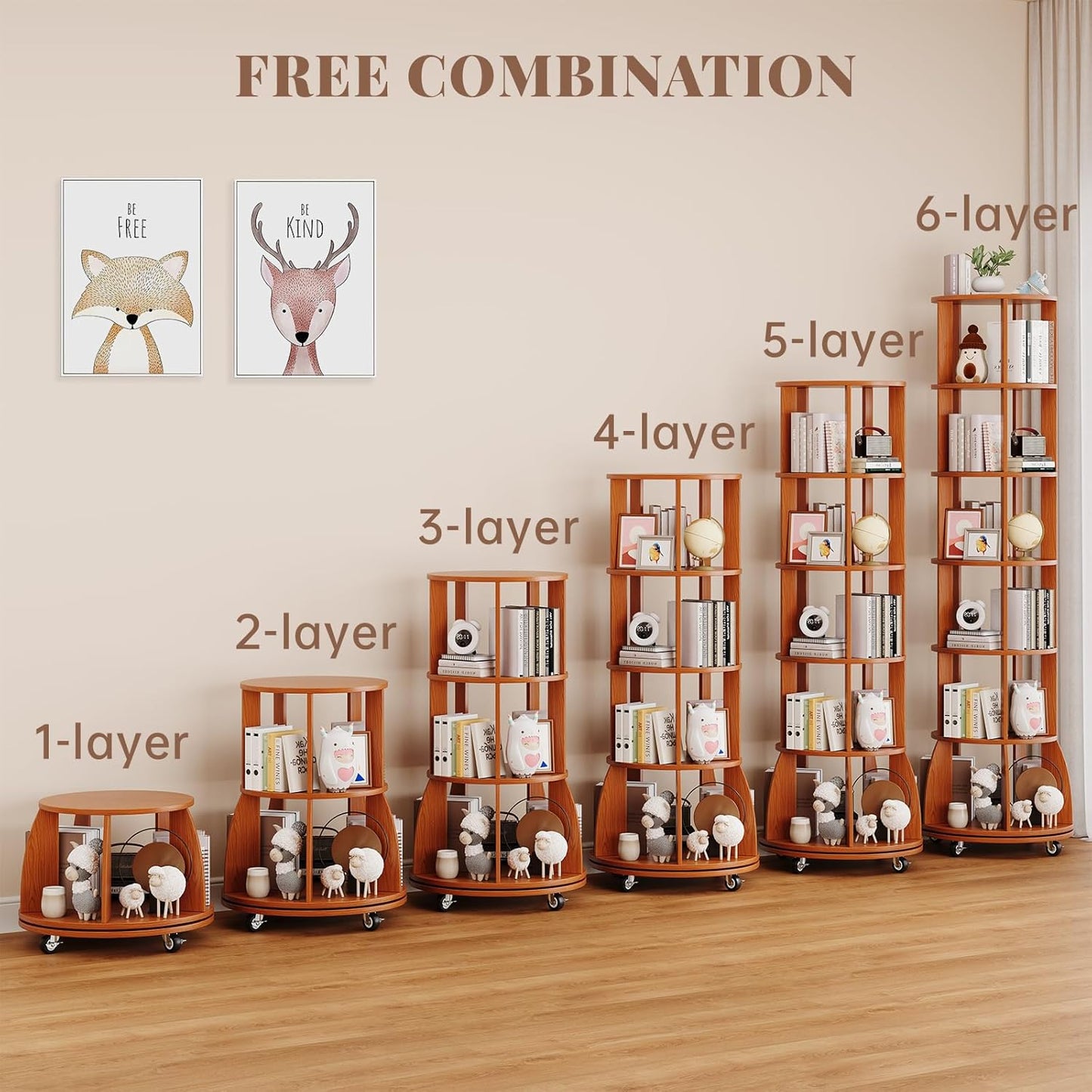 6 Tier Rotating Bookshelf with Locking Casters, 360° Spinning Vertical Bookcase, Revolving Floor Standing Organizer for Small Spaces, Corner, Living Room, Bedroom, Rustic Brown