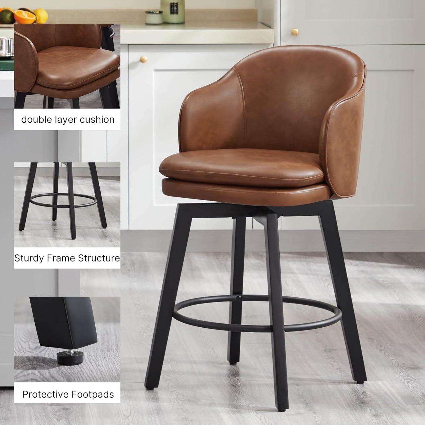 Counter Height Barstools 26 inch Upholstered Swivel Bar Stools with Back and Wood Legs for Kitchen Island,Set of 2,Brown PU Leather