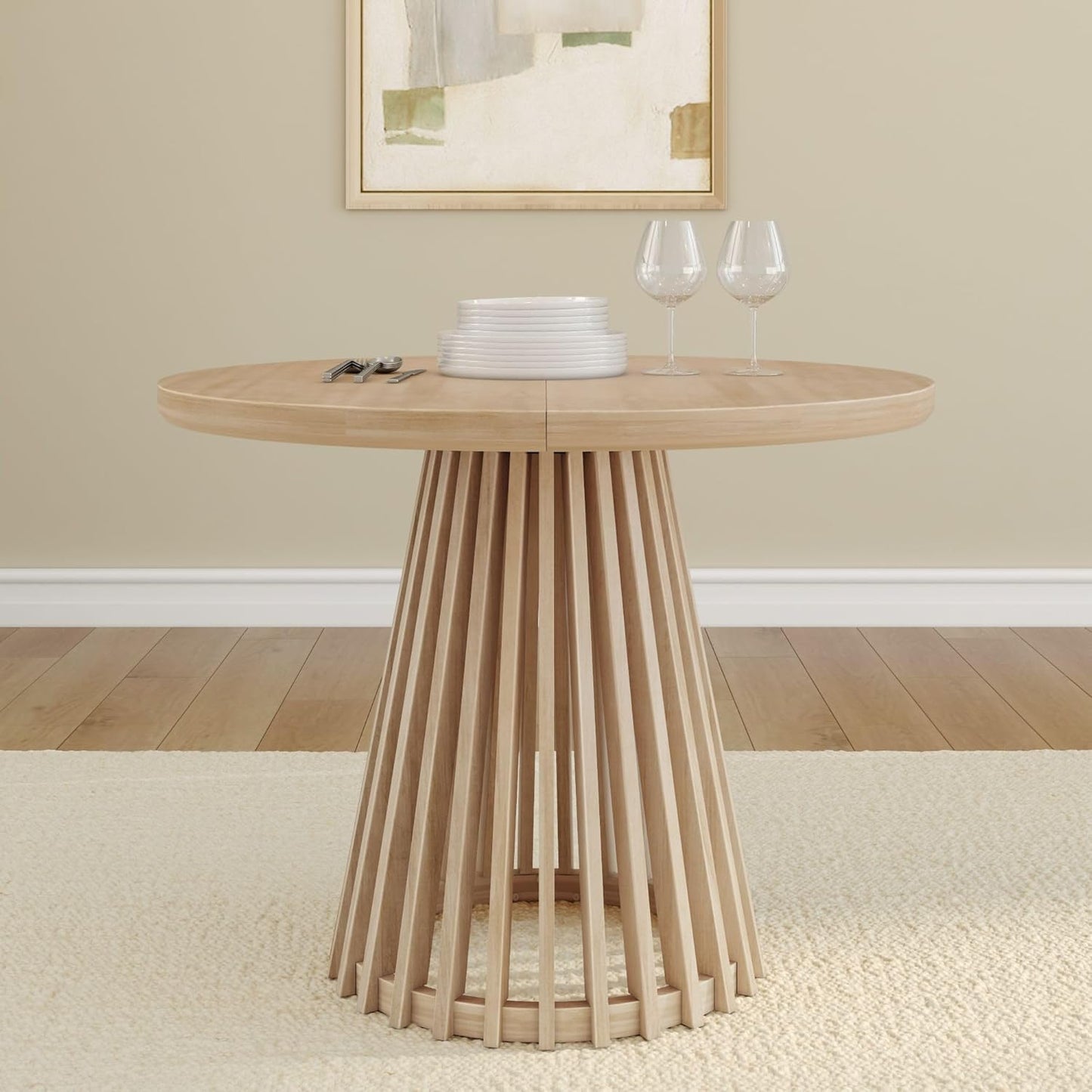 Plank+Beam Lido Round Dining Table, 38", Wooden, Pedestal, Minimalist Kitchen Table for 4 for Dining Room, Blonde