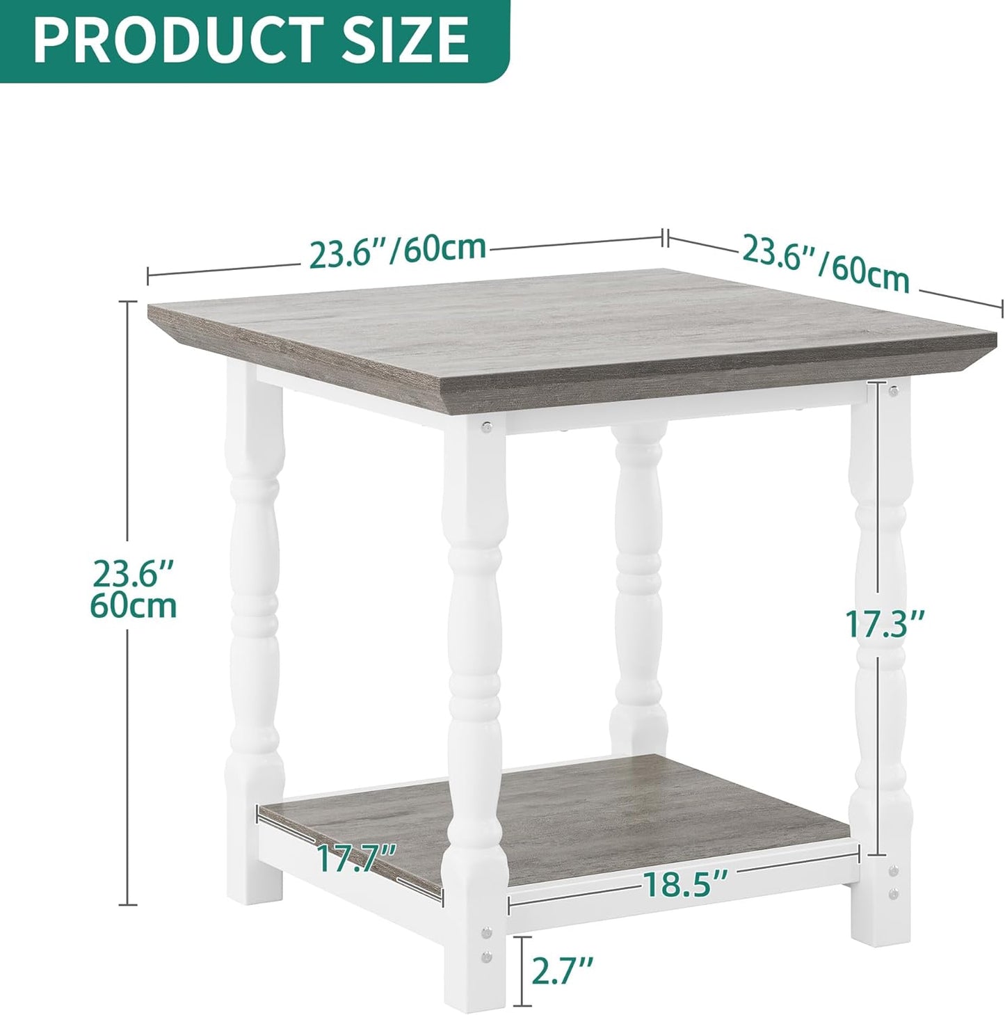 DWVO Farmhouse Square Coffee Table Set of 2, Antique Accent Side Table with Floor Shelf, 23.6"x 23.6" Living Room Furniture, Vintage Ivory & White