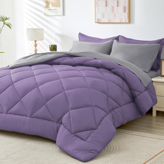 HEVUMYI Full Comforter Set - 7-Piece All Season Bed in a Bag Full, Ultra Soft Bedding Set with Comforter, Flat Sheet, Fitted Sheet, Pillowcases, Pillow Shams, Purple & Light Grey