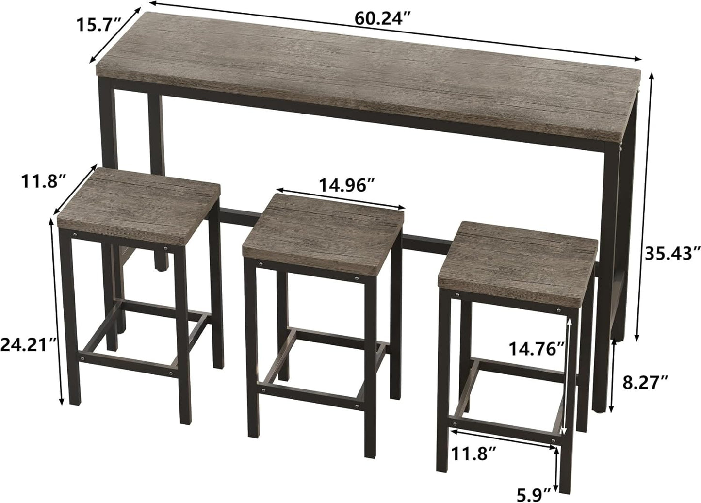KEIKI 60.24” Long Bar High Top Dining Table and 3 Stools Chairs Set, Wood Behind Couch Sofa Counter Height Pub Furniture for Breakfast, Kitchen Living Party Room, Brown Grey