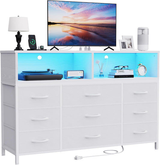 White Dresser for Bedroom, Led Dresser TV Stand with Power Outlets and LED Lights, Long Fabric Dressers Wide Chest of Drawers with Large Organizer for Living Room, Entryway, Hallway,White