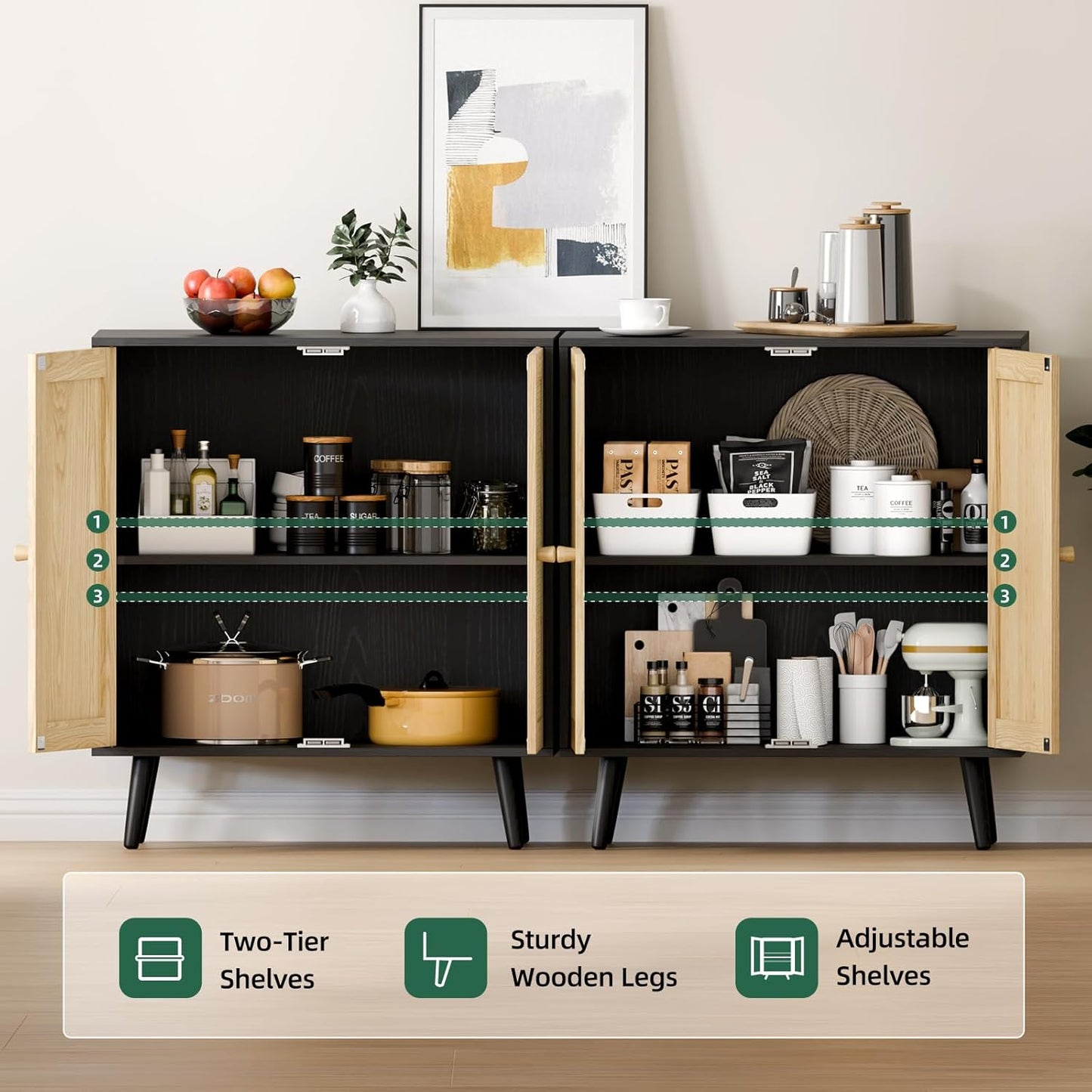 Set of 2 Rattan Sideboard Buffet Cabinets, Accent Cabinets with Adjustable Shelves & Rattan Doors, Ideal for Kitchen & Entryway Storage, Black