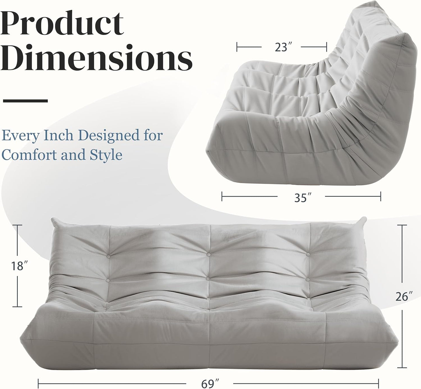 Bean Bag Chair, Large Fireside Chair Bean Bag Sofa for Adults, 3 Seater Bean Bag Chairs for Teens with High-Resilience Foam, Memory Foam Bean Bag for Living Room, Bedroom, Office (Suede, Light Gray)