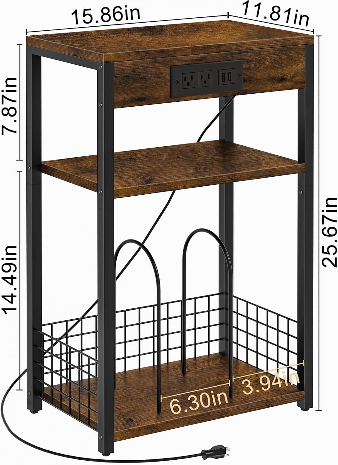 LELELINKY 3 Tier End Table with Charging Station, Brown Record Player Stand with Storage Up to 100 Albums Brown, Night Stand with USB Port, Nightstand for Small Spaces