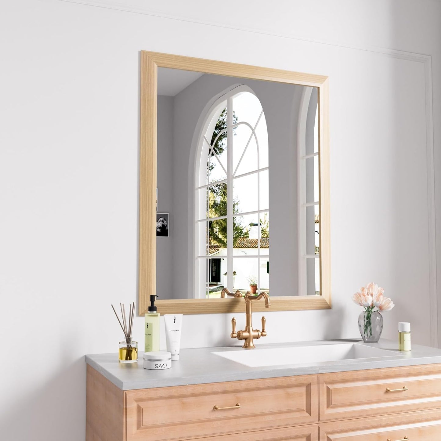 Amorho 36 X30 Inch Bathroom Mirror for Wall, Oak Wood Grain Metal Framed Mirror, Anti-Rust, Hang Horizontally/Vertically, Suitable for Bedroom, Farmhouse, Bathroom, Decorative