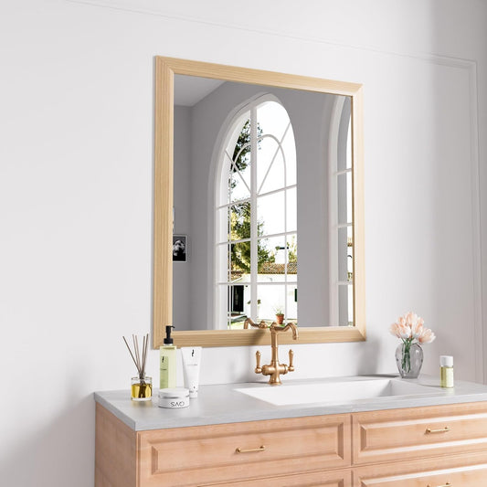 Amorho 36 X30 Inch Bathroom Mirror for Wall, Oak Wood Grain Metal Framed Mirror, Anti-Rust, Hang Horizontally/Vertically, Suitable for Bedroom, Farmhouse, Bathroom, Decorative