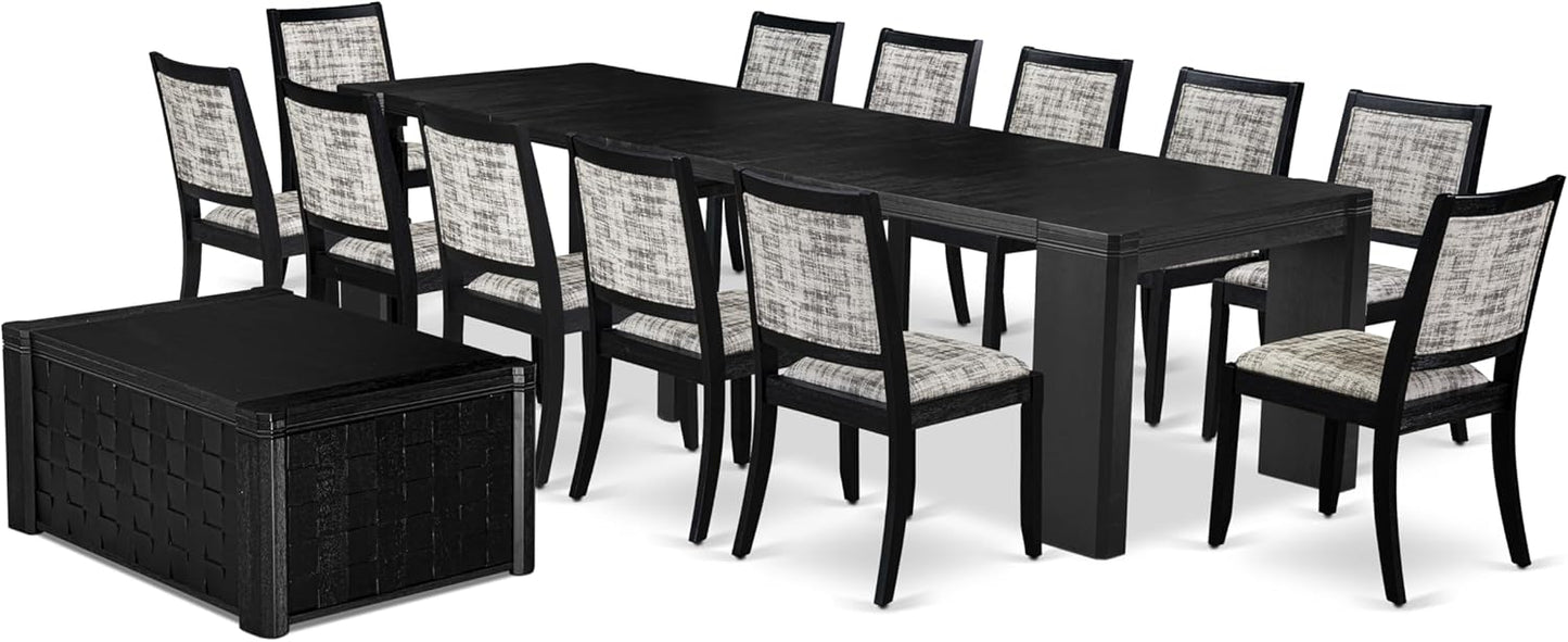 X12X2-0C6-30 14-pc Dining Table Set a Rectangular Kitchen Table with a coffee Table and 12 Wire Brushed Black Polyester Stackable Chair, 39x120 Inch, Wire Brushed Black