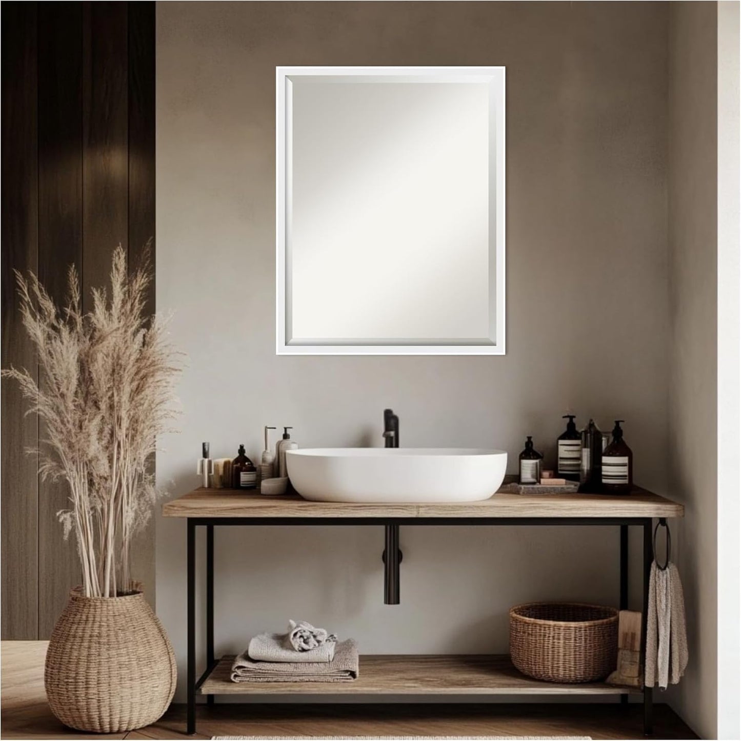 Amanti Art White Bathroom Mirror for Over Sink, 24x30 Incline White Rectangle Vanity Mirror, Large Modern Contemporary Wood Frame, Hangs Horizonally and Vertically, Bathroom Wall Decor, Beveled Edge