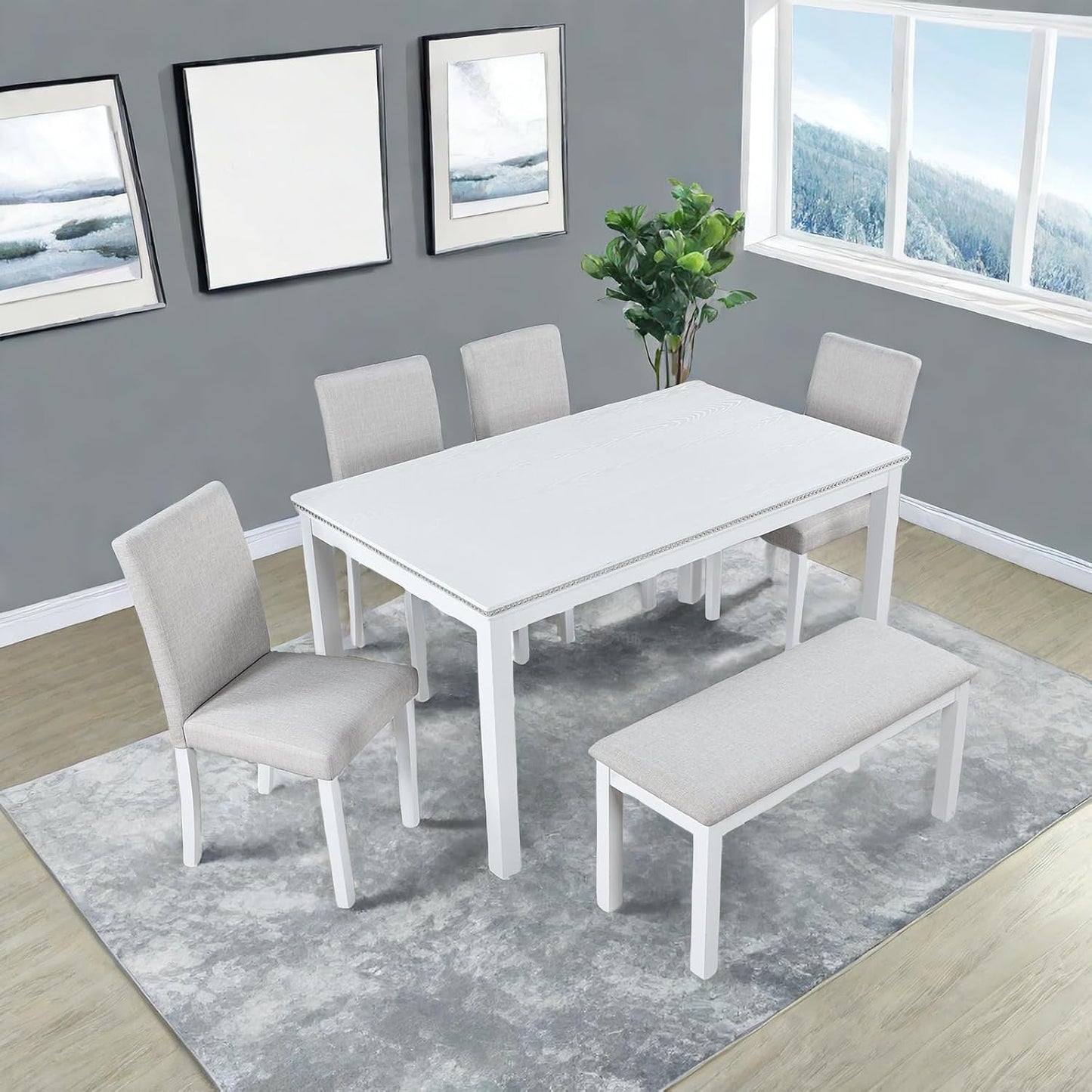 Dining Table Set, 6 Piece Counter Height Dinner Set with Rectangular Table, 4 Upholstered Chairs and Bench, Wooden Linen Dining Table and Chairs Set with Crystal Decoration, Beige