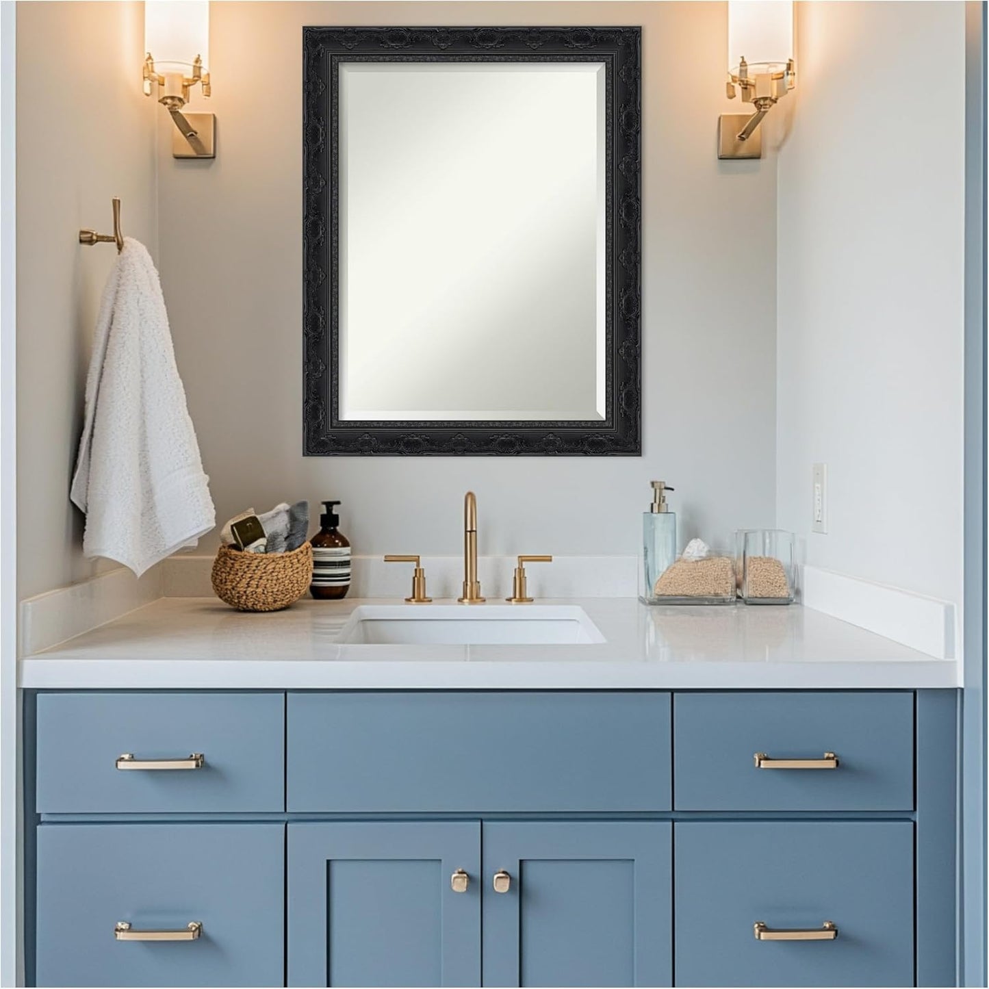 Amanti Art Bathroom Mirror for Over Sink, 29x23 Filigree Gloss Black Rectangle Vanity Mirror, Medium Traditional Frame, Hangs Horizonally and Vertically, Bathroom Wall Decor, Beveled Edge