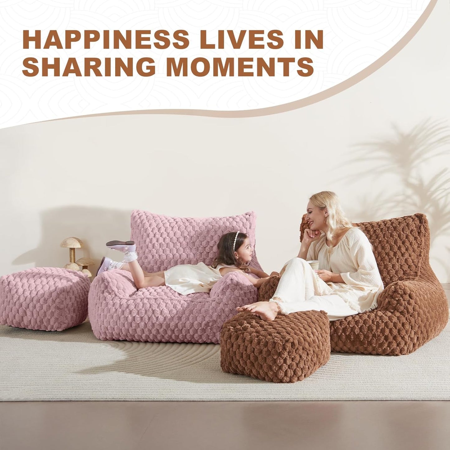 Bean Bag Chair with Ottoman - Modern Comfy Beanbag Sofa with Footrest, Soft Faux Fur Lounger Chair for Adults Teens, Cozy Memory Foam Filled Gaming Reading Chairs for Bedroom, Living Room (Brown)