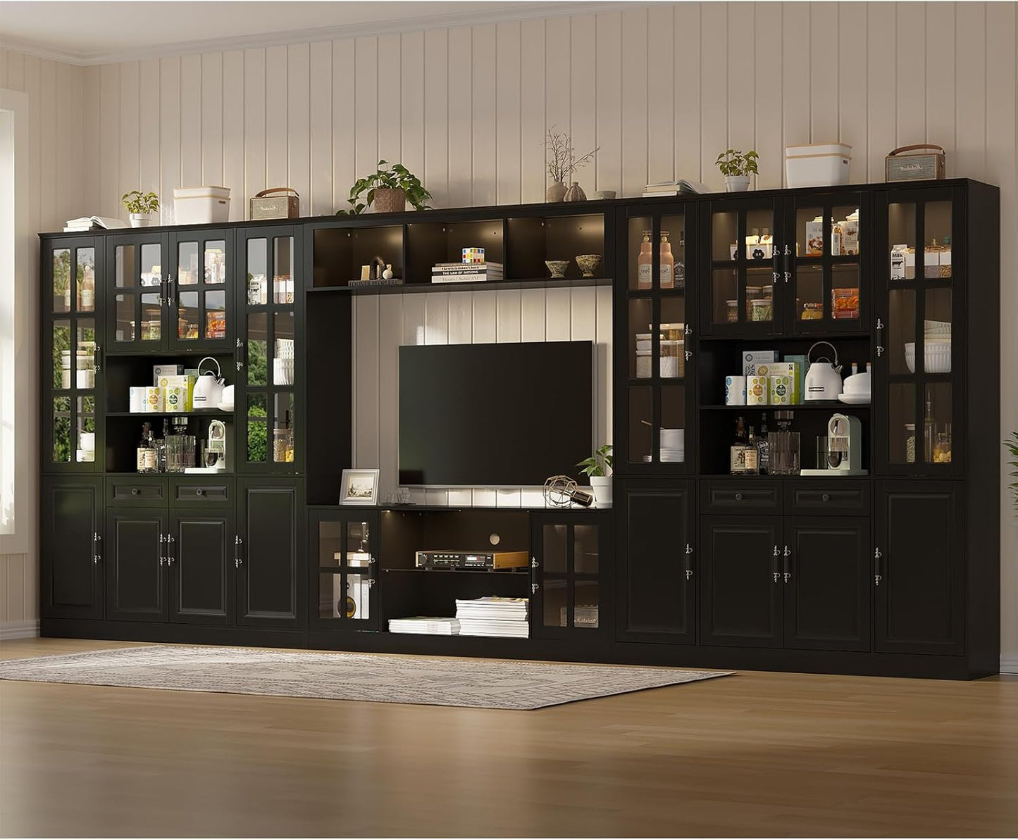 4-Piece Wall Unit TV Stand with Storage & LED Lights for TVs up to 75", Modern Entertainment Center with Bookshelves & 8-Door Pantry Cabinet, White Black