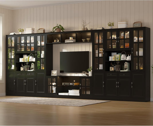 4-Piece Wall Unit TV Stand with Storage & LED Lights for TVs up to 75", Modern Entertainment Center with Bookshelves & 8-Door Pantry Cabinet, White Black