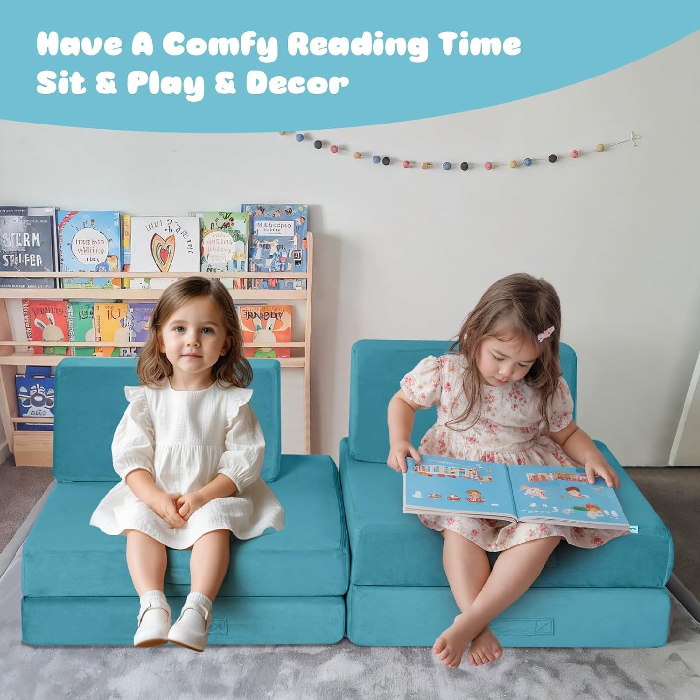 MeMoreCool Modular Kids Play Couch Sofa, 8-Piece Convertible Turquoise Toddler Sofa Play Set for Playroom and Baby