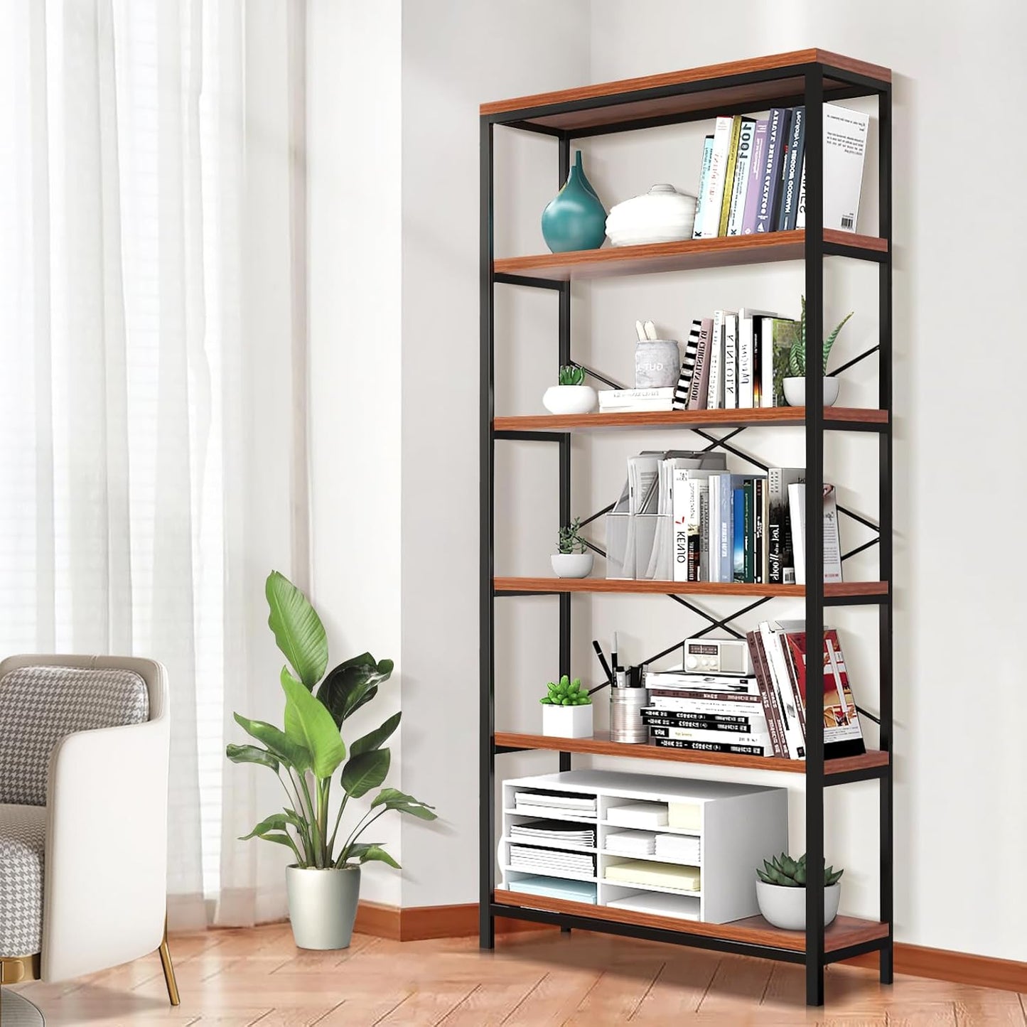 Himimi 6 Tier Industrial Bookshelf, Vintage Standing Storage Shelf, Display Shelving Units, Tall Bookcase, Industrial Metal Book Shelves for Living Room Bedroom and Home Office