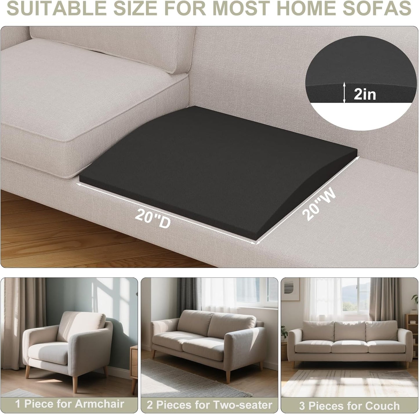 Couch Cushion Support for Sagging Seat, High-Density Curved Foam Sofa Furniture seat Couch Cushions Support Repair, 20"x20" Black Set of 1