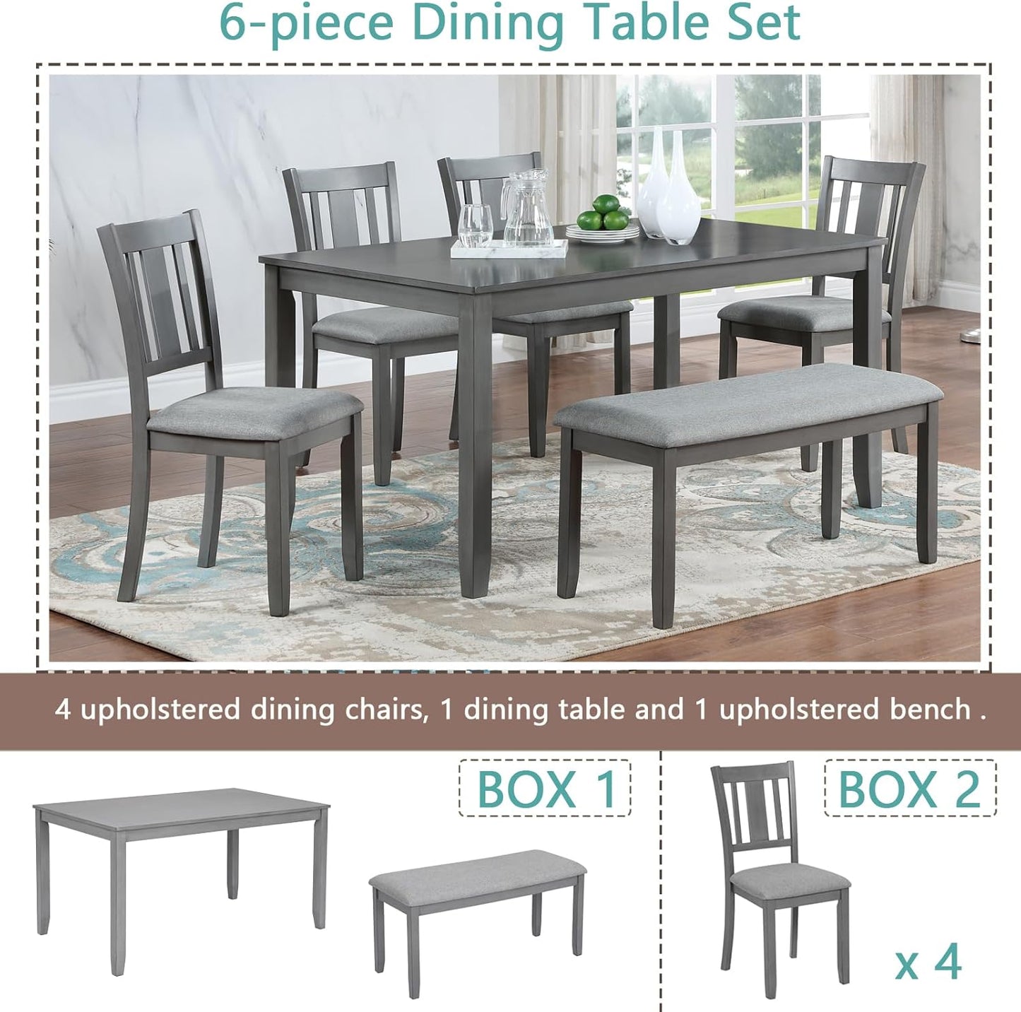 soges 6 Piece Kitchen Dining Table Set, Wooden Dining Table with 4 Upholstered Chairs and a Bench for 6 People, Living Room, Home and Kitchen, Table Chairs Set, Grey