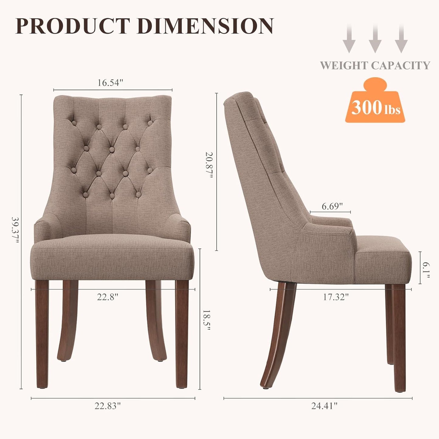 COLAMY Wingback Upholstered Dining Chairs Set of 2, Fabric Side Dining Room Chairs with Tufted Button, Living Room Chairs for Home Kitchen, Taupe