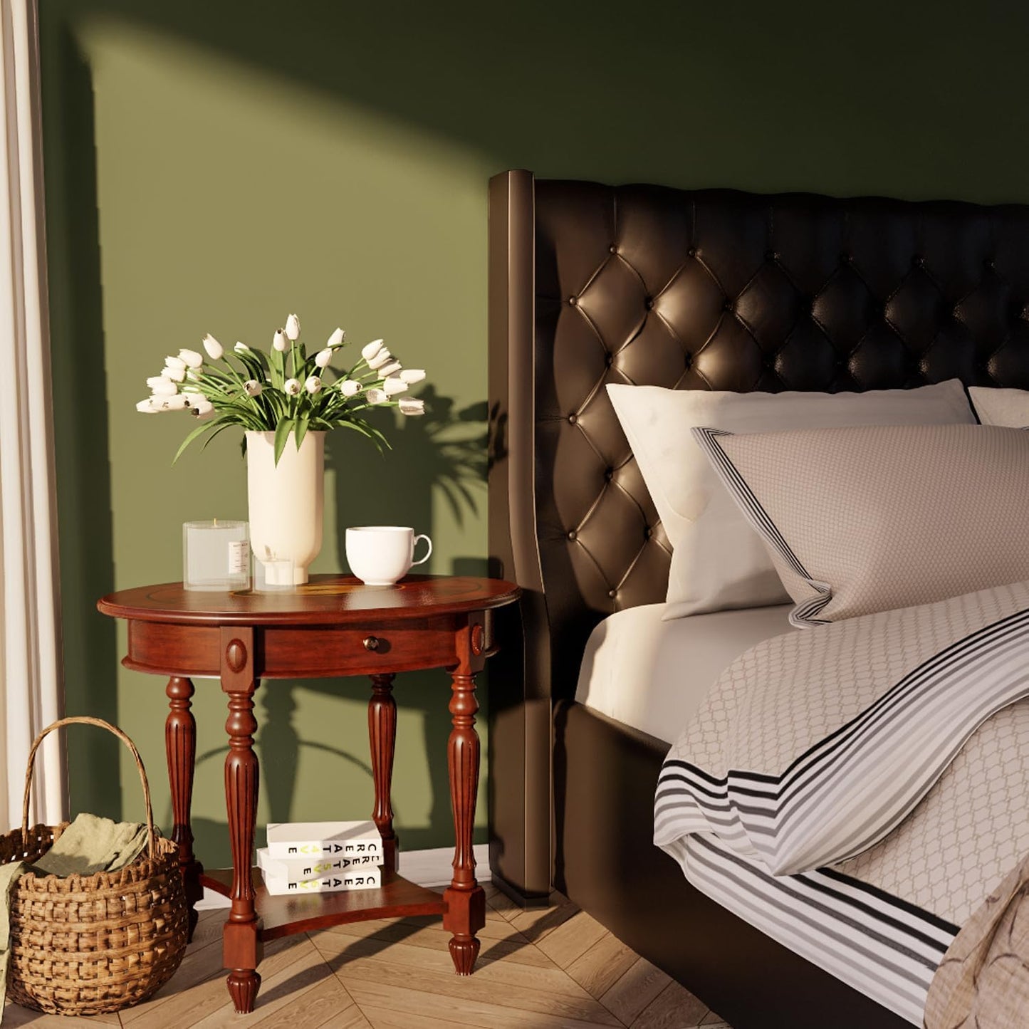 LEEMTORIG Oval Round End Table, 2-Tier Cherry Wood End Table Solid Wood Side Table with Drawer, Victorian Vintage Nightstand for Bedroom Living Room, 28"W x 22"D x 24.2"H, Cherry Walnut CJZ-1533-WD-DR