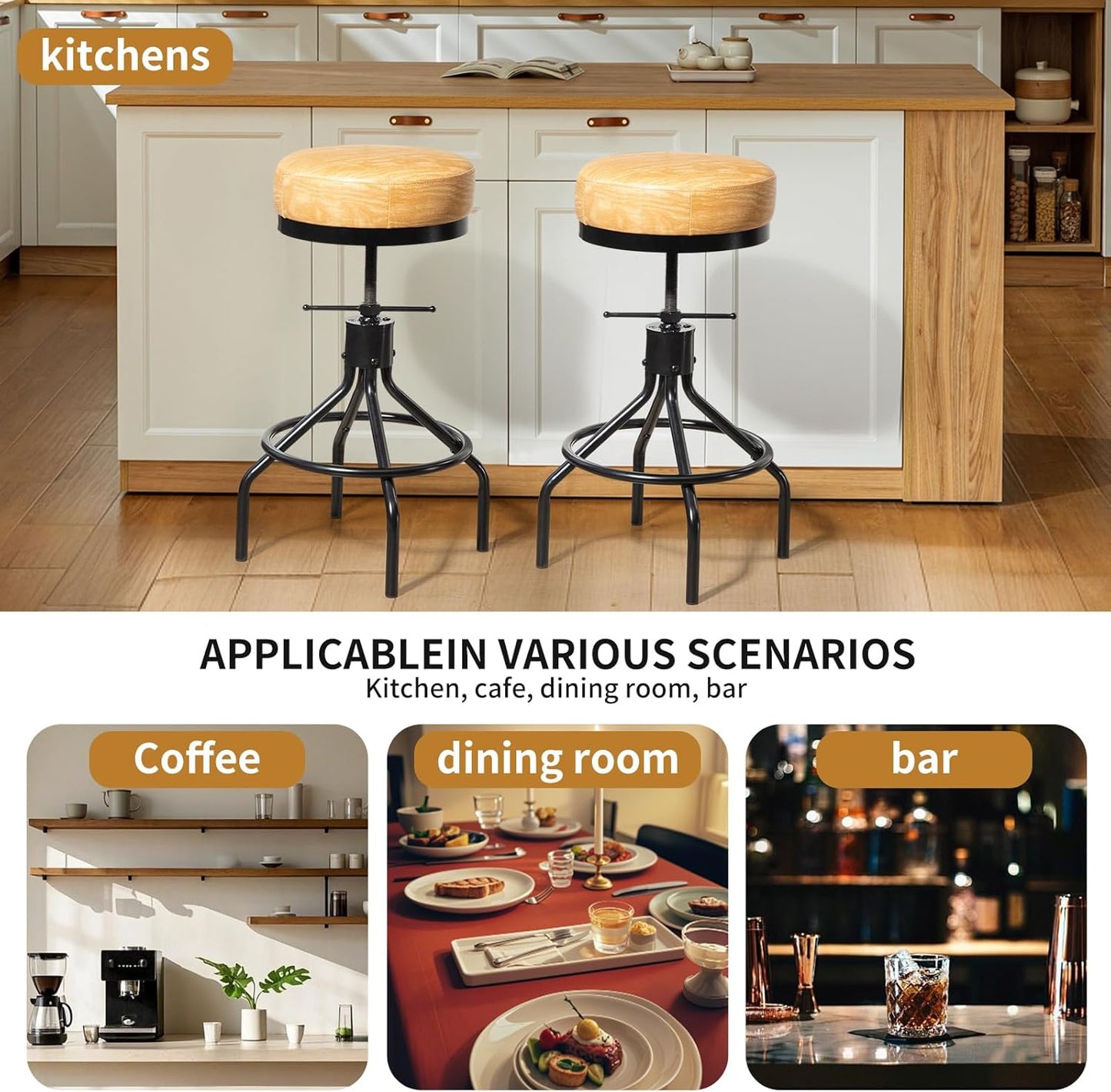 Swivel Bar Stools Adjustable Swivel Barstools Modern PU Leather 28inch Round Backless Counter Height Stool Metal Industrial Bar Chair for Kitchen Island (1, Ash Wood PU Leather)