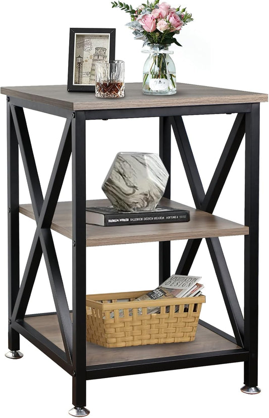 End Tables Living Room, 16" D x 16" W x 24" H, Indoor SideTables Living Room with Storage Shelf, Square End Table, X-Shaped Night Stands for Bedroom, Farmhouse Wood End Tables, Grey