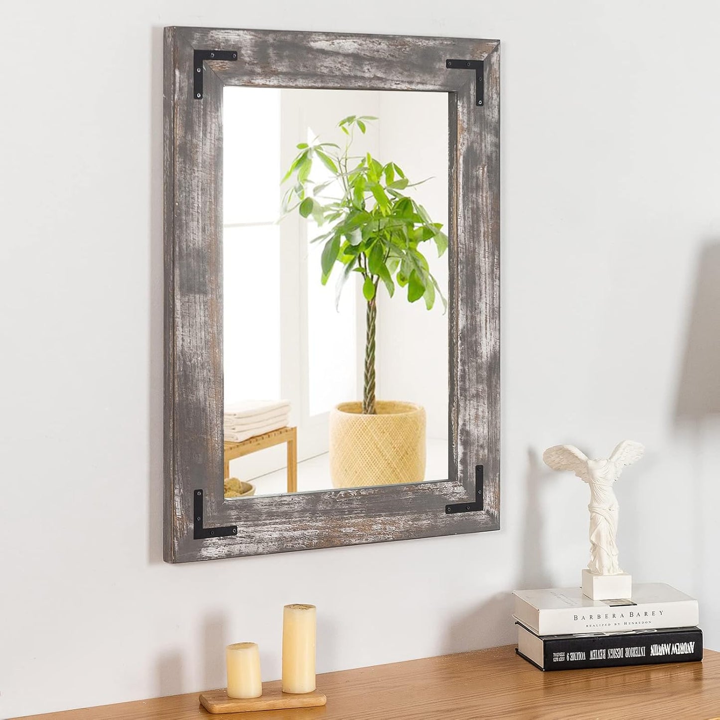 YOSHOOT Rustic Wooden Framed Wall Mirror, Natural Wood Bathroom Vanity Mirror for Farmhouse Decor, Vertical or Horizontal Hanging