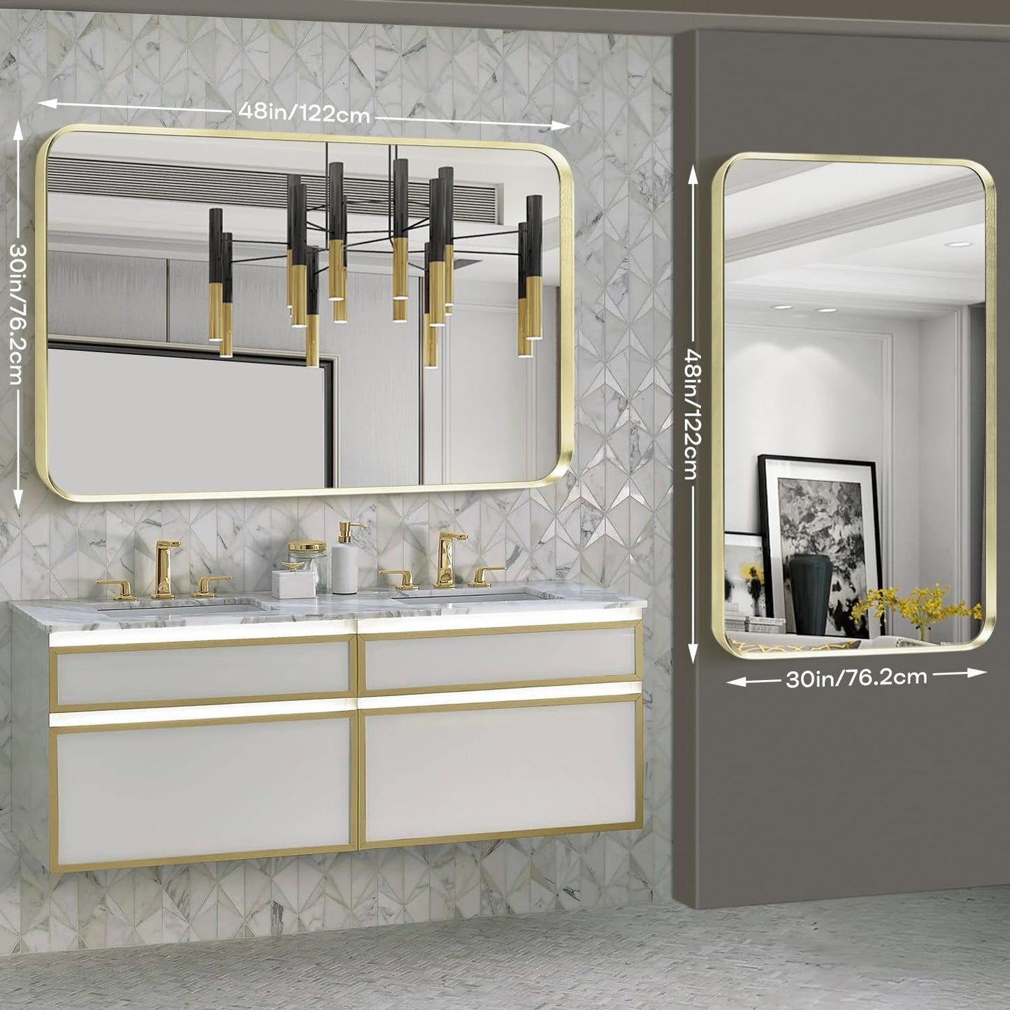 Large Gold Bathroom Mirror, Rounded Corner Rectangular Brushed Gold Frame Vanity Mirror, Wall-Mounted, Anti-Rust, Tempered Glass, Hangs Horizontally or Vertically (30" x 48", Gold)