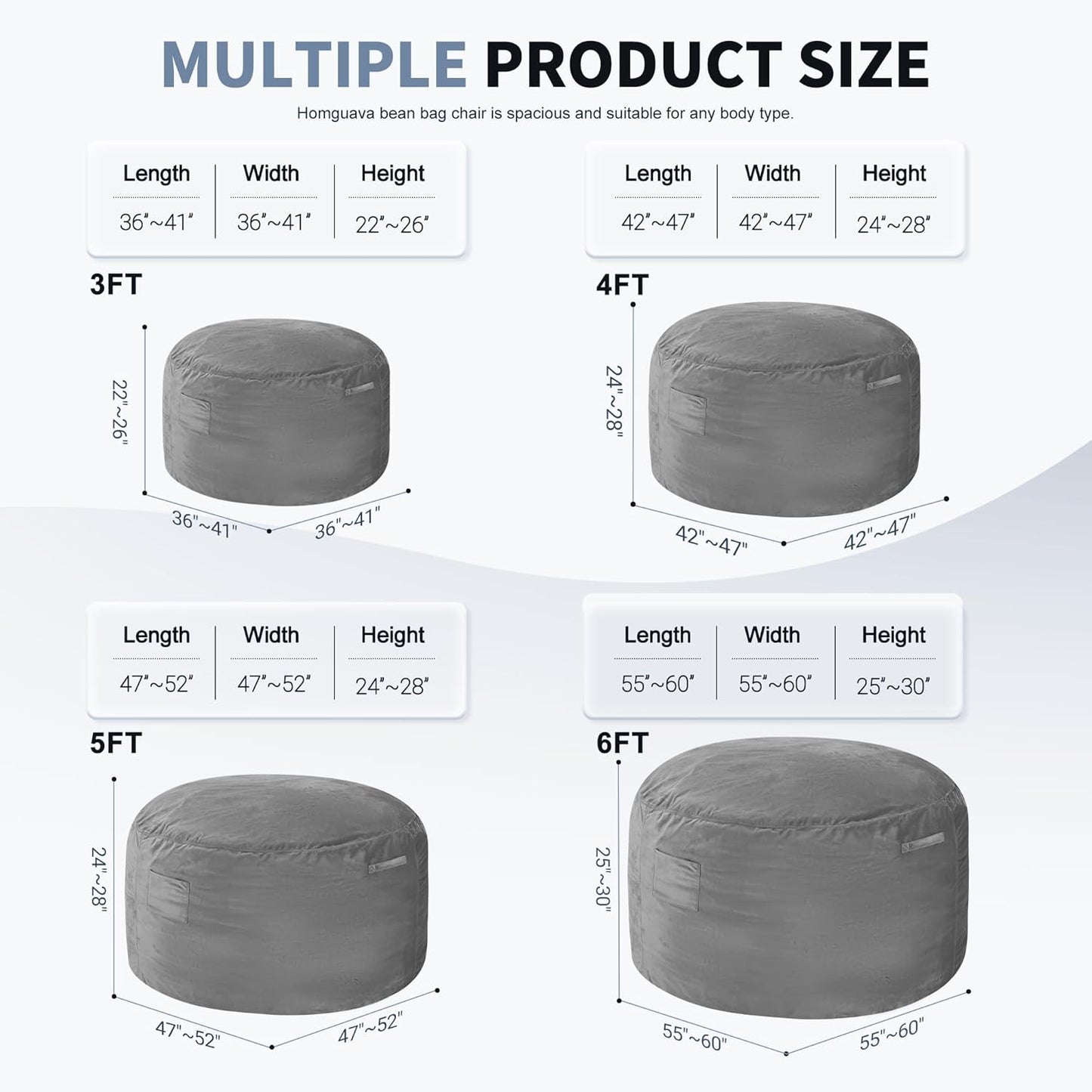 Homguava 3FT Bean Bag Chair: 3' Bean Bags with Memory Foam Filled, Large Beanbag Chairs Soft Sofa with Dutch Velvet Cover-Grey