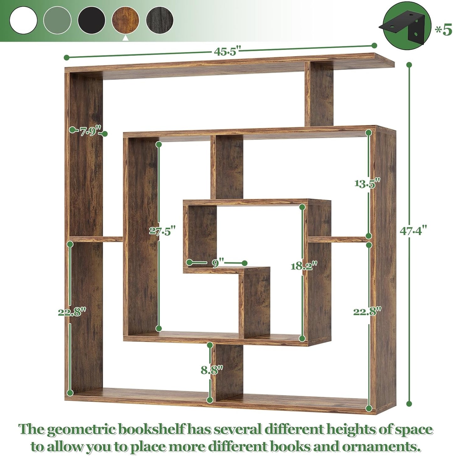 armocity 6 Tier Display Book Shelf Wall Mounted Bookshelf Freestanding Geometric Bookcase Floating Book Shelves for Wall Bedroom Living Room Home Office, 45.5"(W) * 47"(H), Rustic Brown